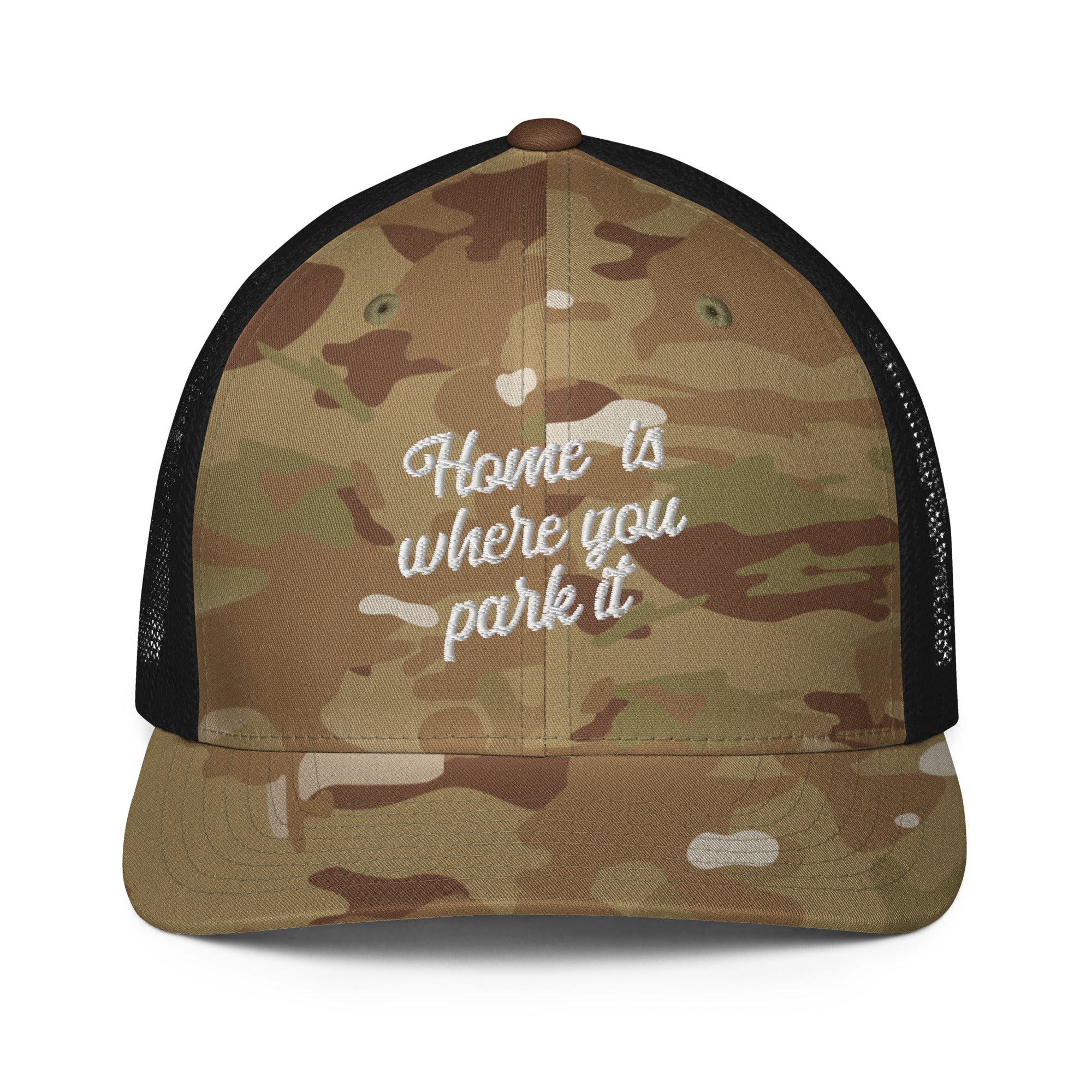 Camo closed-back trucker cap Home is where you park it white