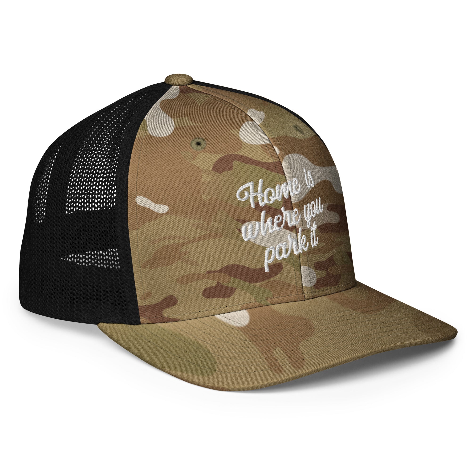 Camo closed-back trucker cap Home is where you park it white