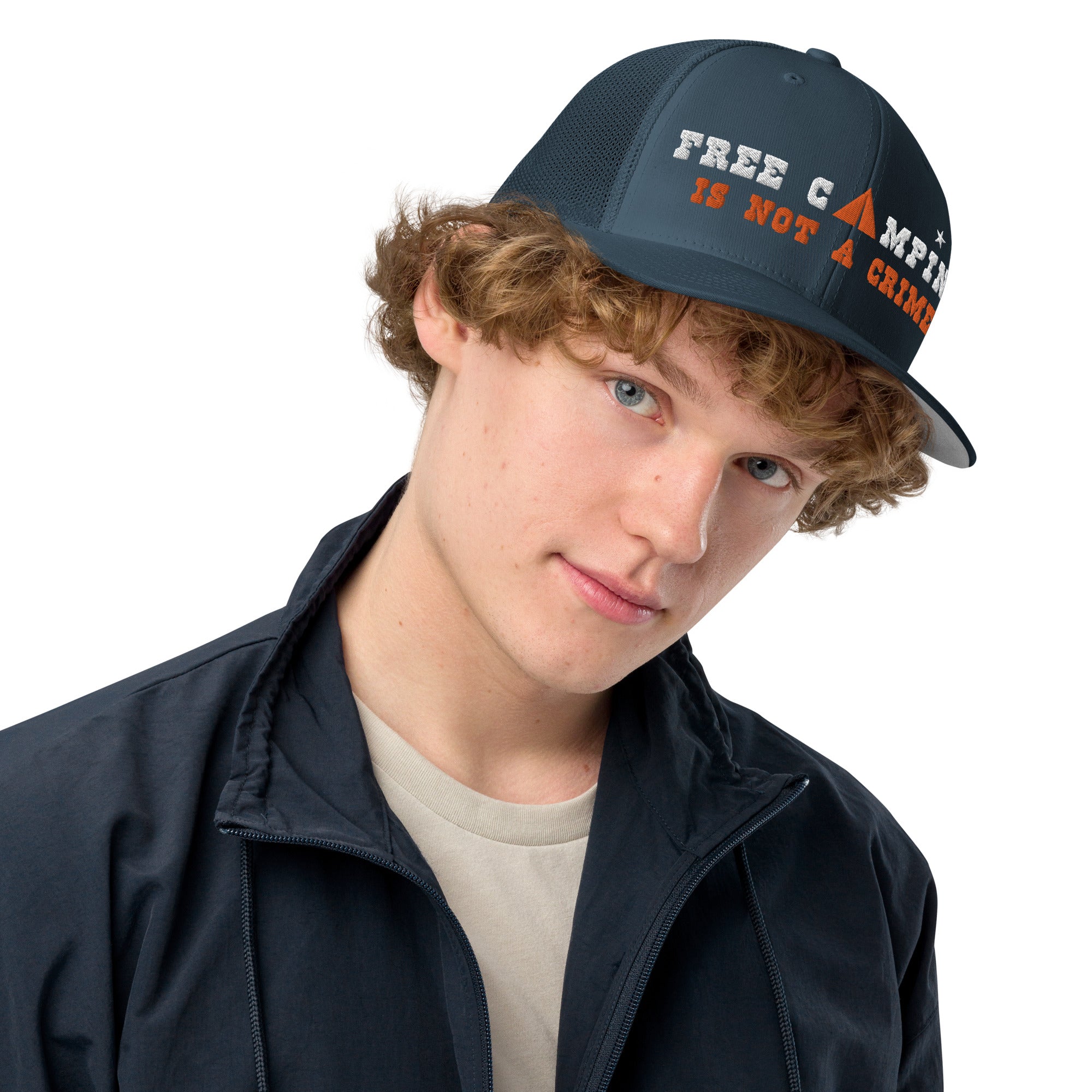 Casquette trucker renforcée Free camping is not a crime white/orange