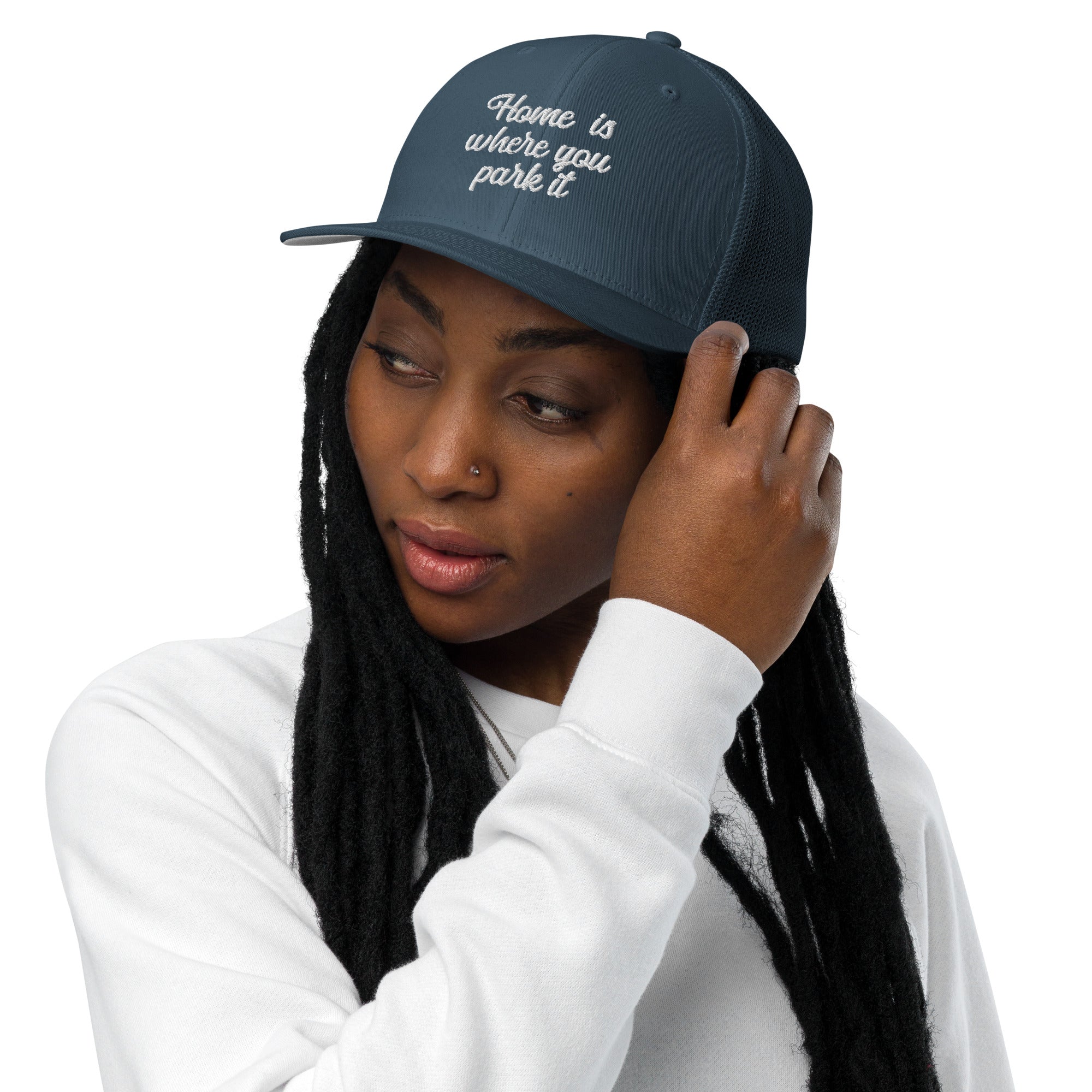 Closed-back trucker cap Home is where you park it white