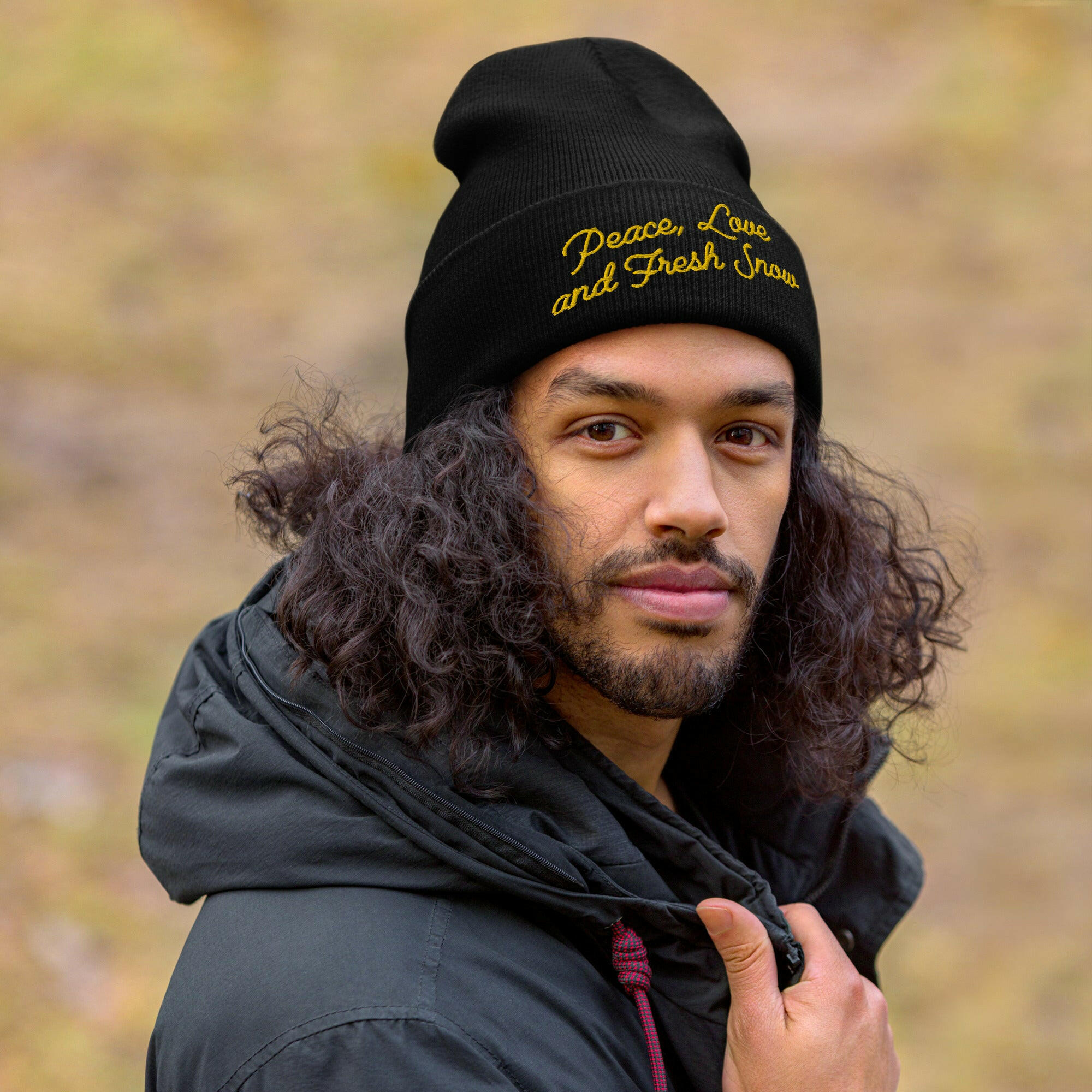 Cuffed Beanie Peace, Love and Fresh Snow Gold