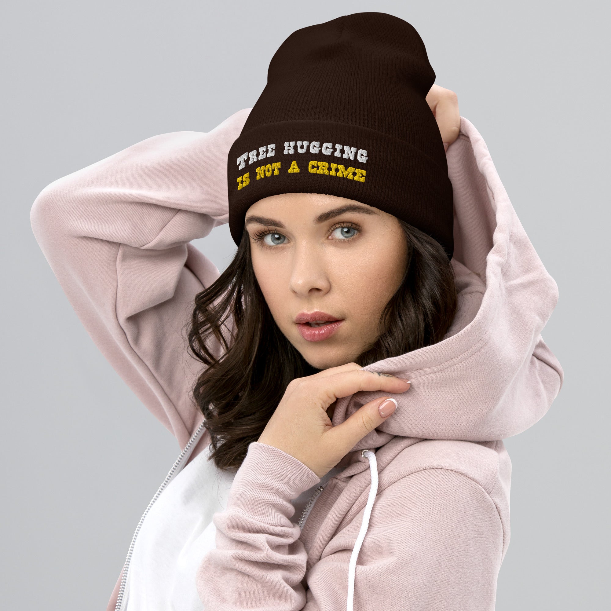 Cuffed Beanie Tree Hugging is not a crime White/Gold