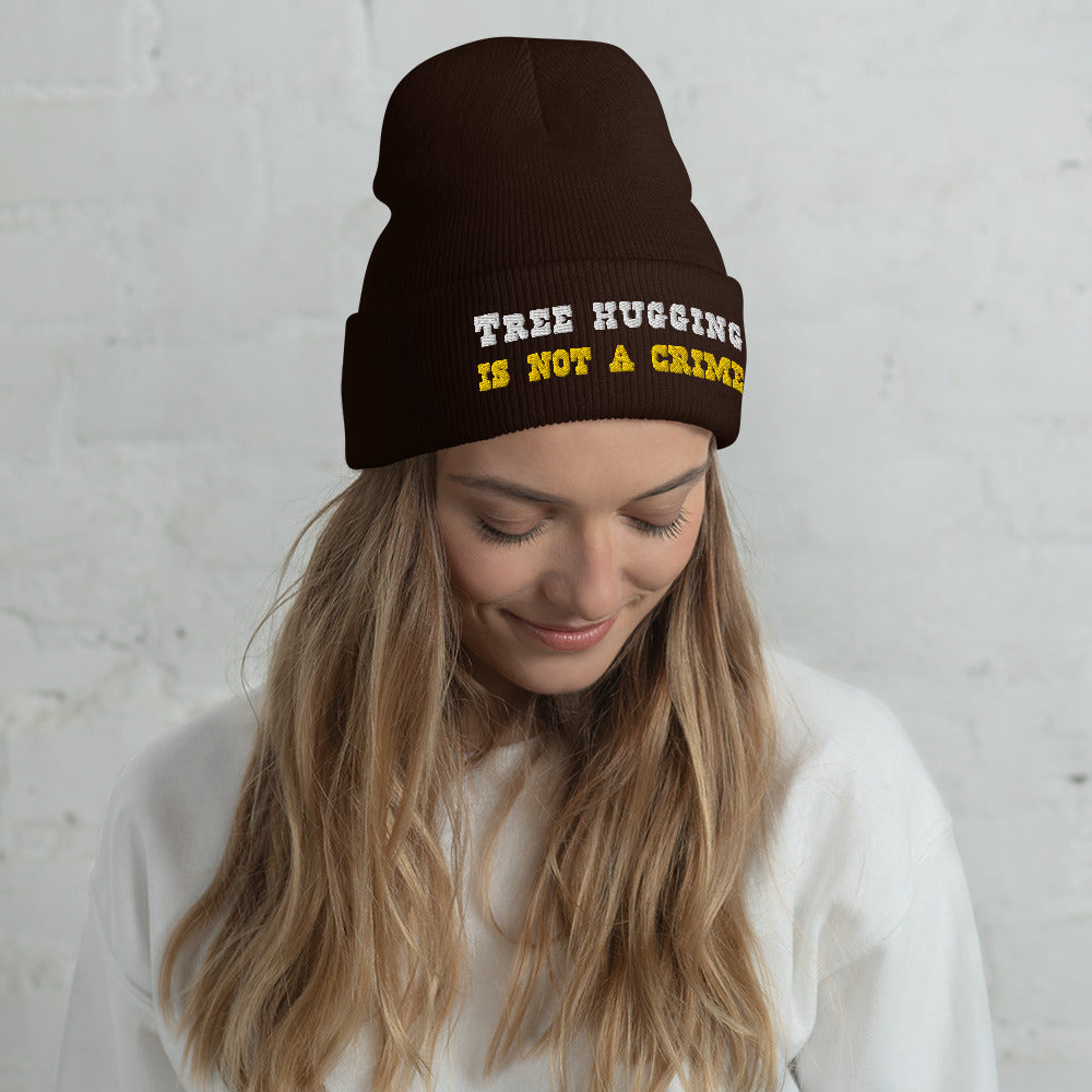 Cuffed Beanie Tree Hugging is not a crime White/Gold