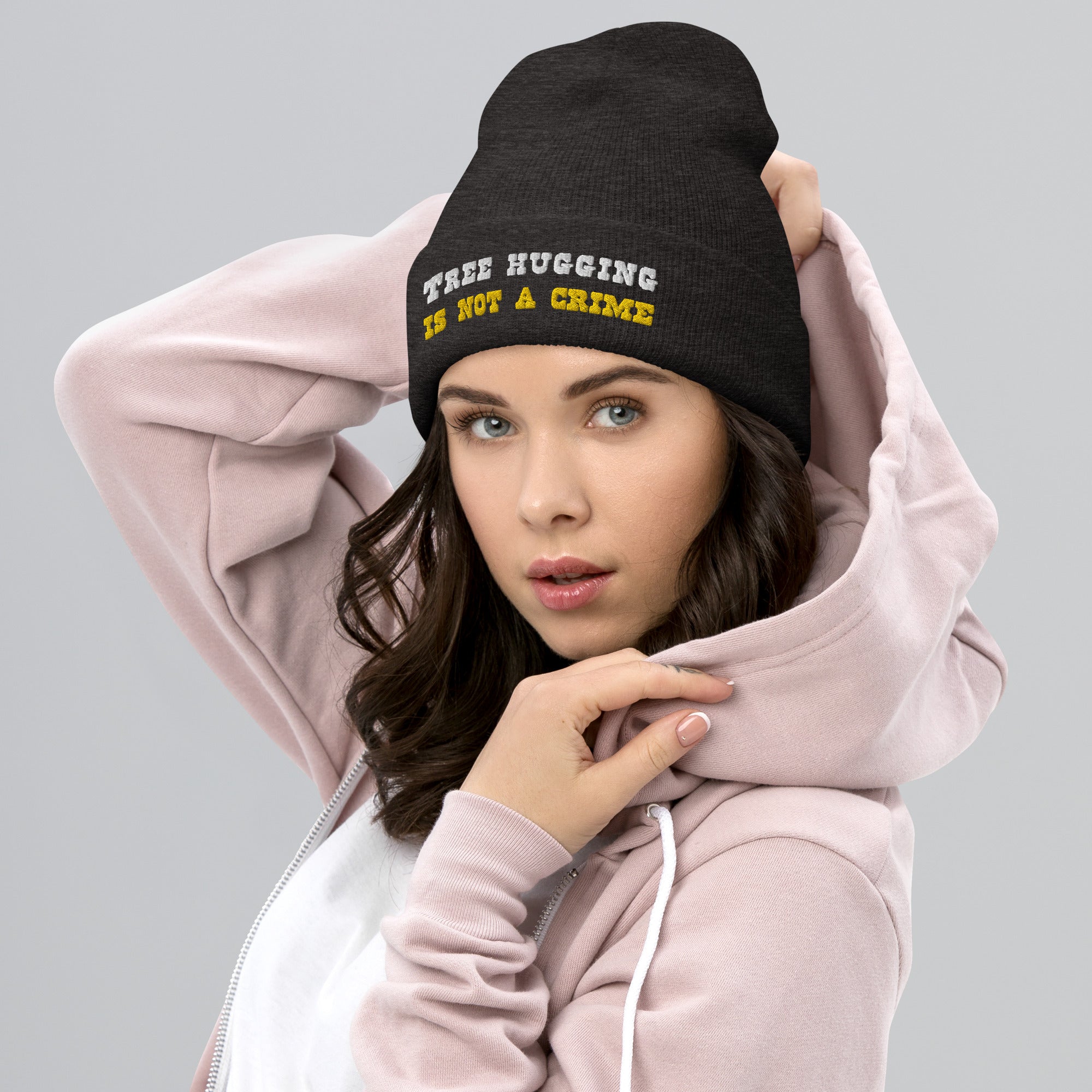 Cuffed Beanie Tree Hugging is not a crime White/Gold