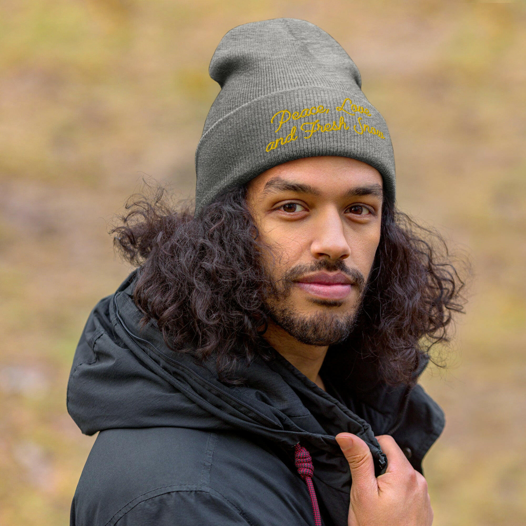 Cuffed Beanie Peace, Love and Fresh Snow Gold