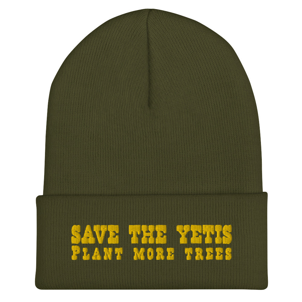 Cuffed Beanie Save the Yetis, Plant more Trees Gold