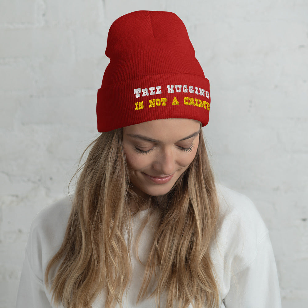 Cuffed Beanie Tree Hugging is not a crime White/Gold