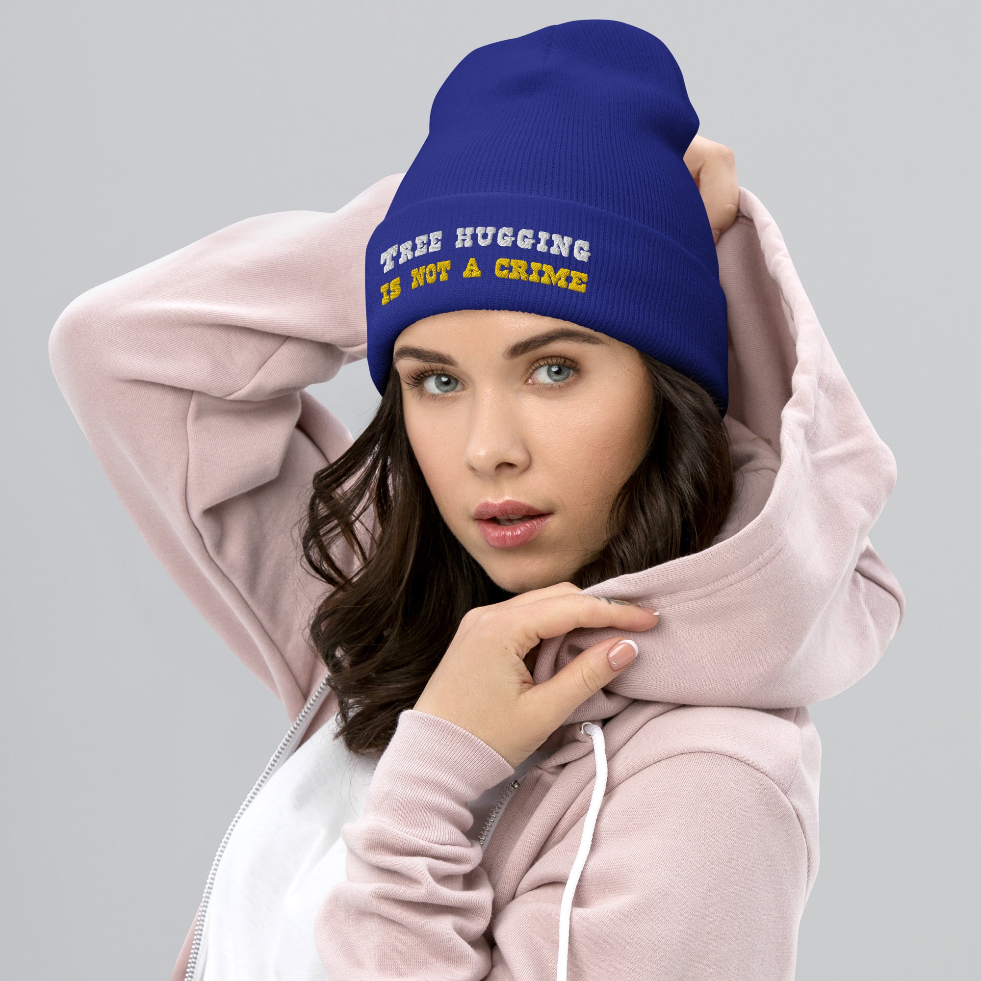 Cuffed Beanie Tree Hugging is not a crime White/Gold