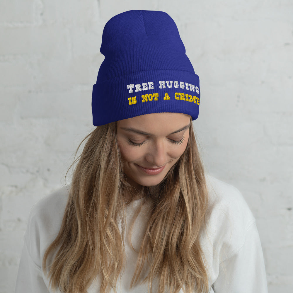 Cuffed Beanie Tree Hugging is not a crime White/Gold