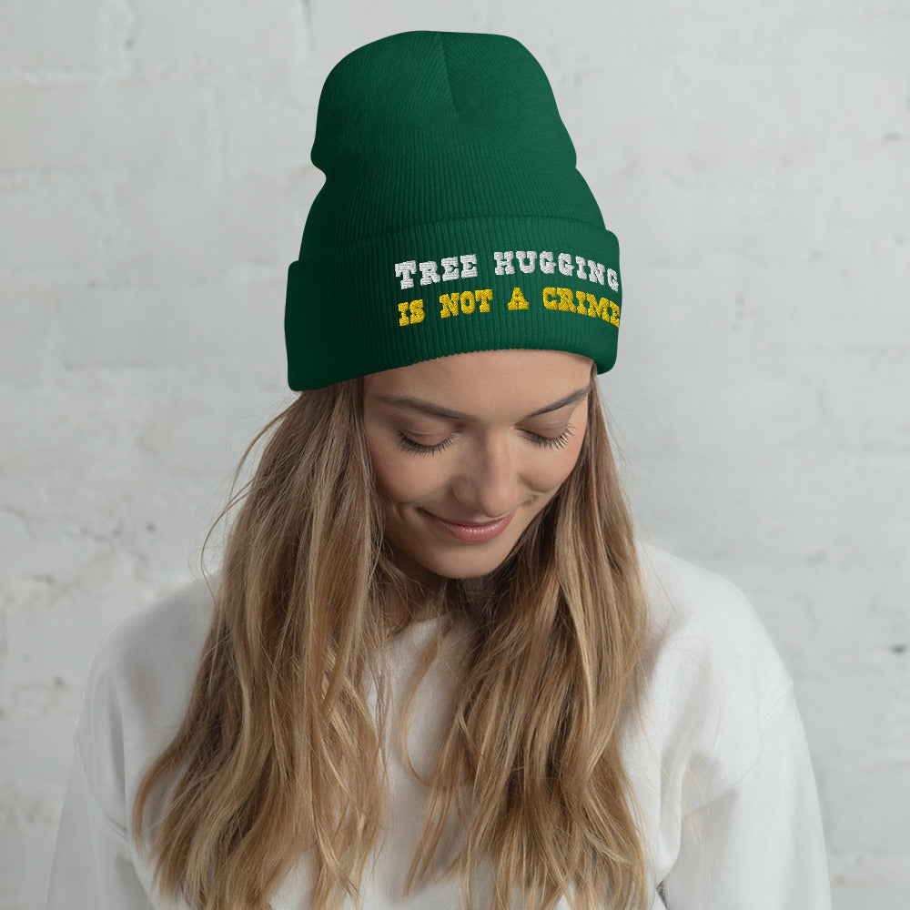 Cuffed Beanie Tree Hugging is not a crime White/Gold