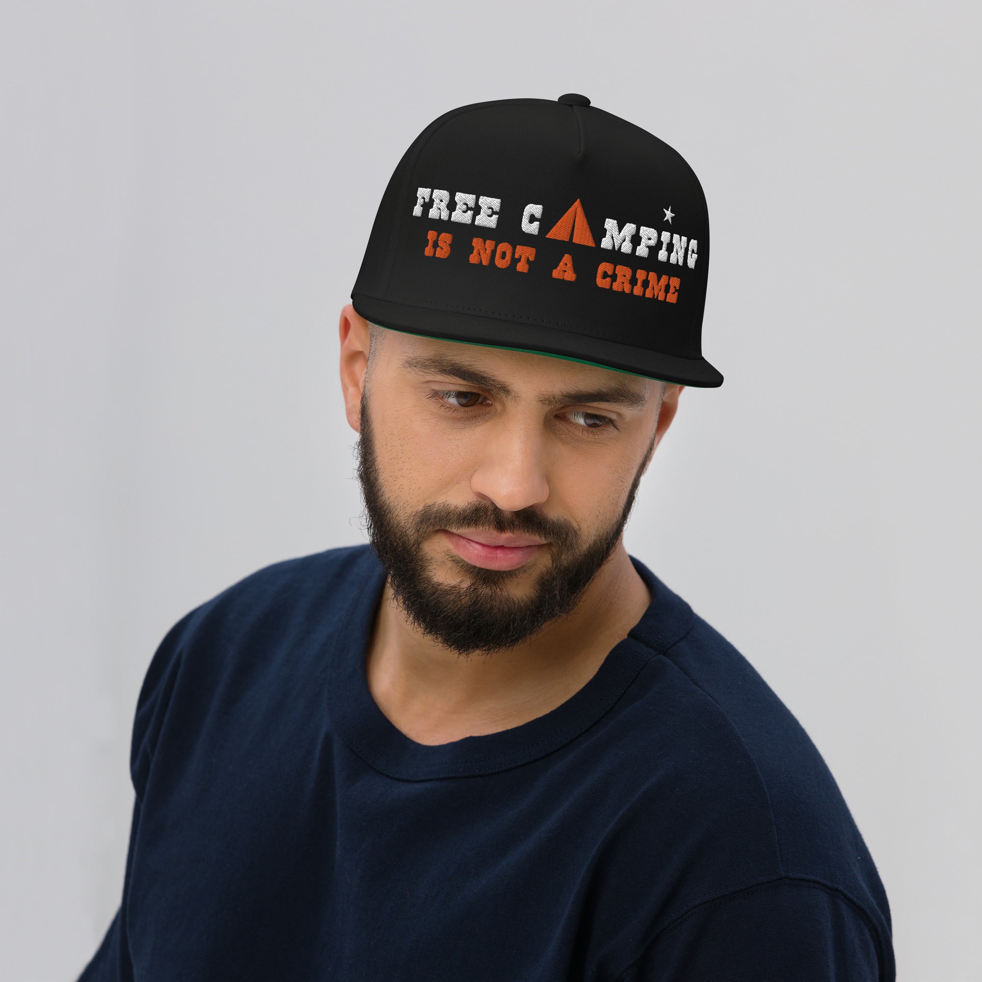 Flat Bill Cap Free camping is not a crime white/orange