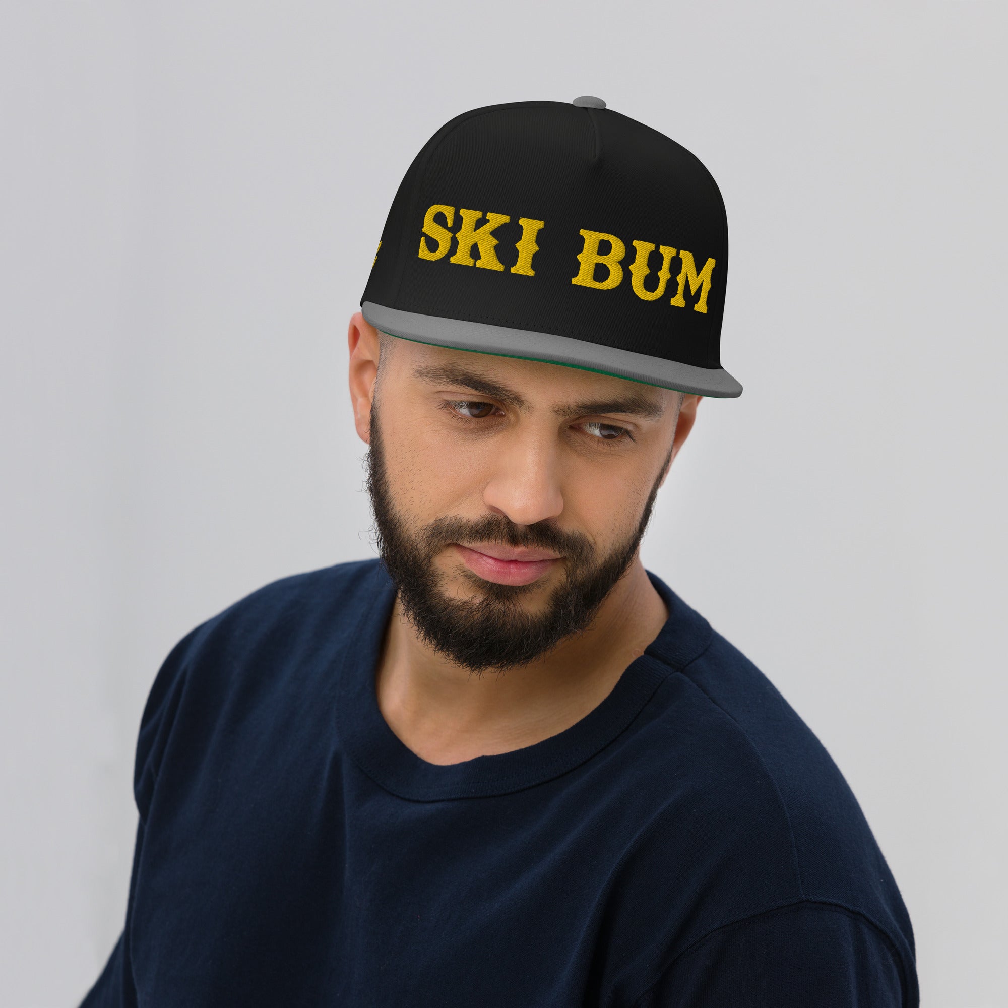 Flat Bill Cap Ski Bum Gold embroidered pattern (3 sides)