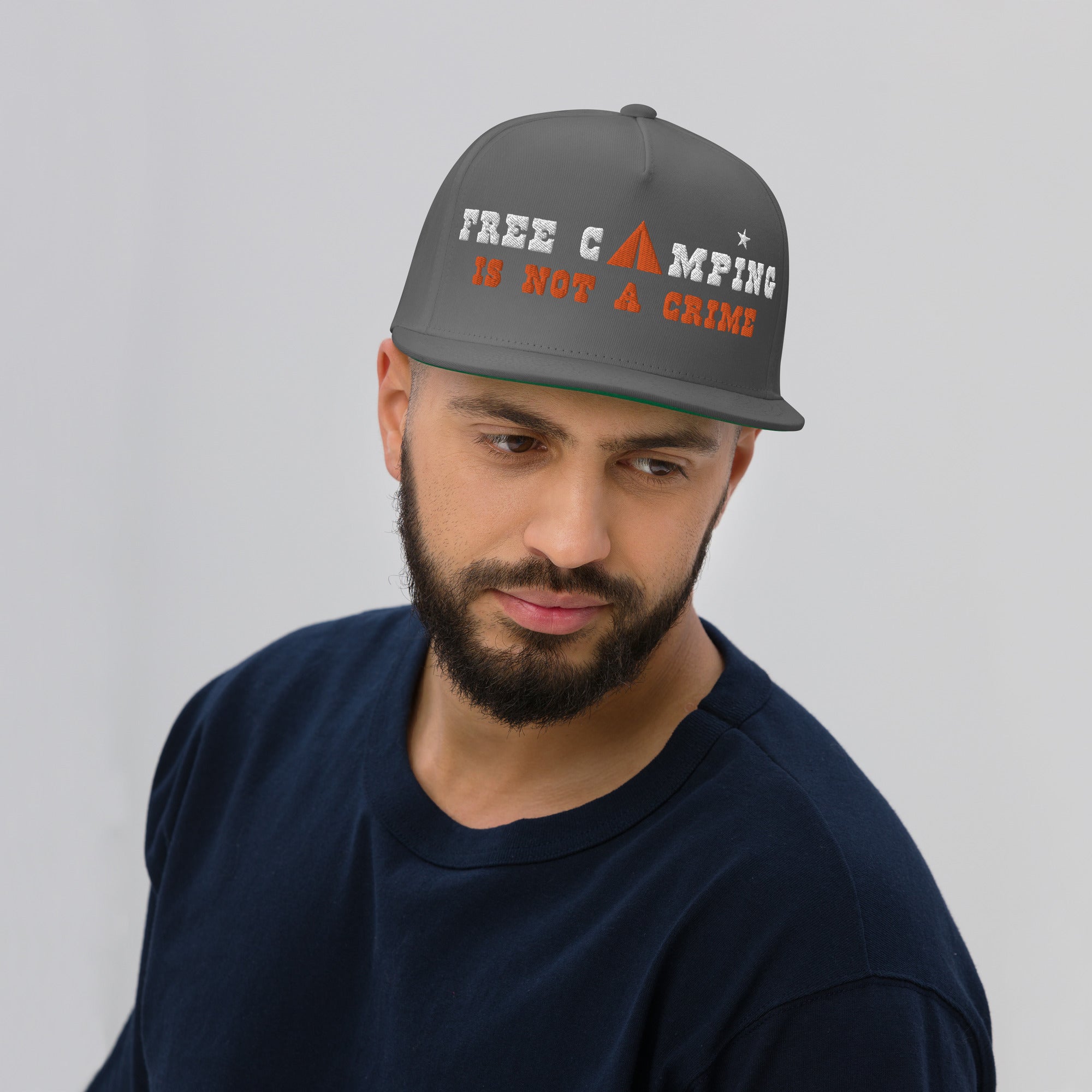 Flat Bill Cap Free camping is not a crime white/orange