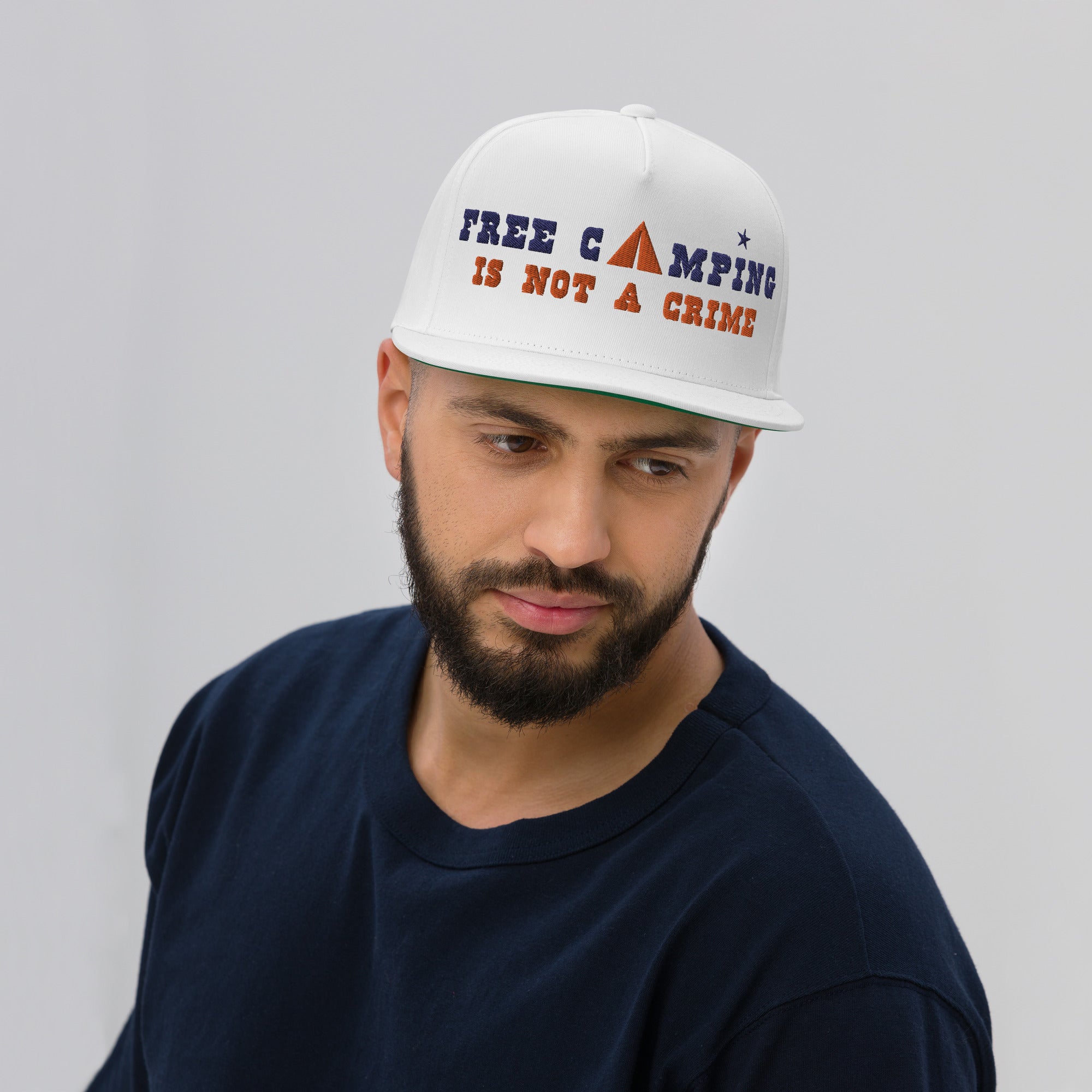 Flat Bill Cap Free camping is not a crime navy/orange