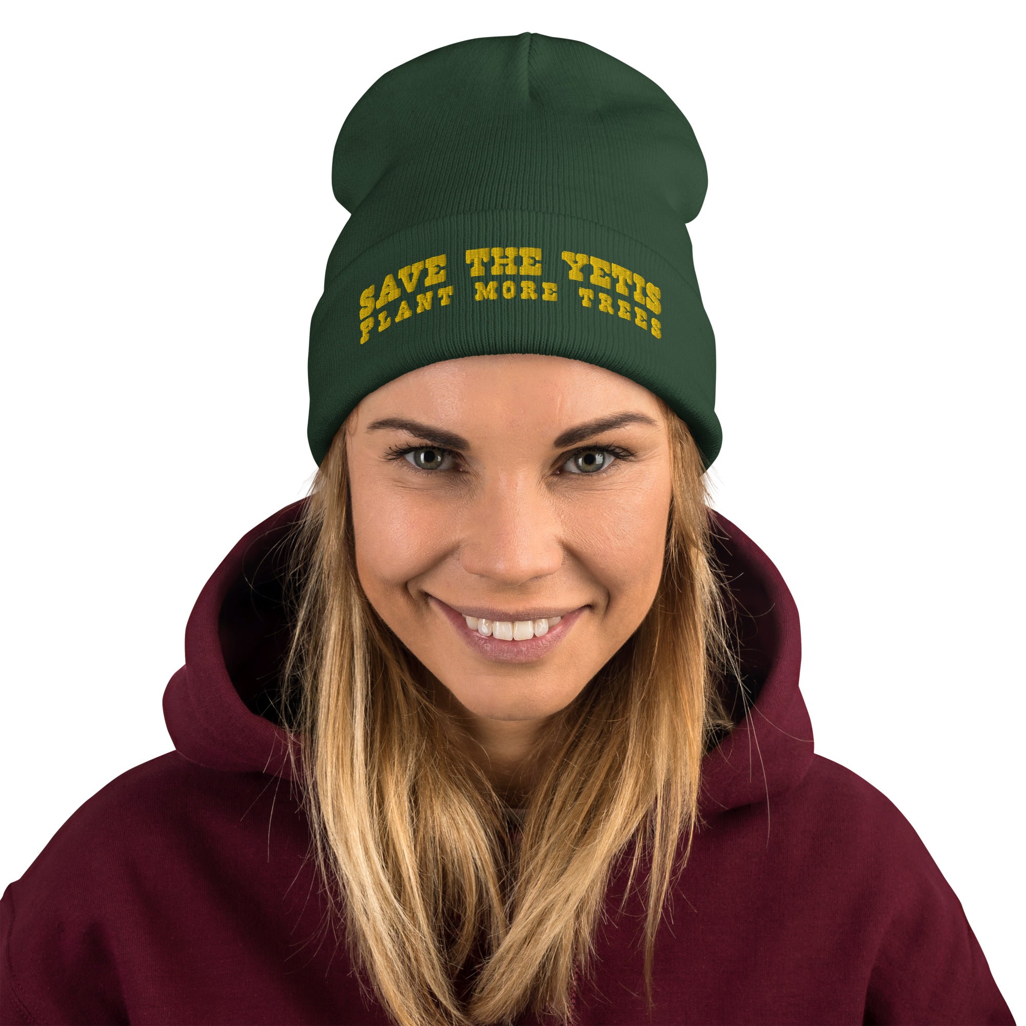 Ribbed beanie Save the Yetis, Plant more Trees Gold