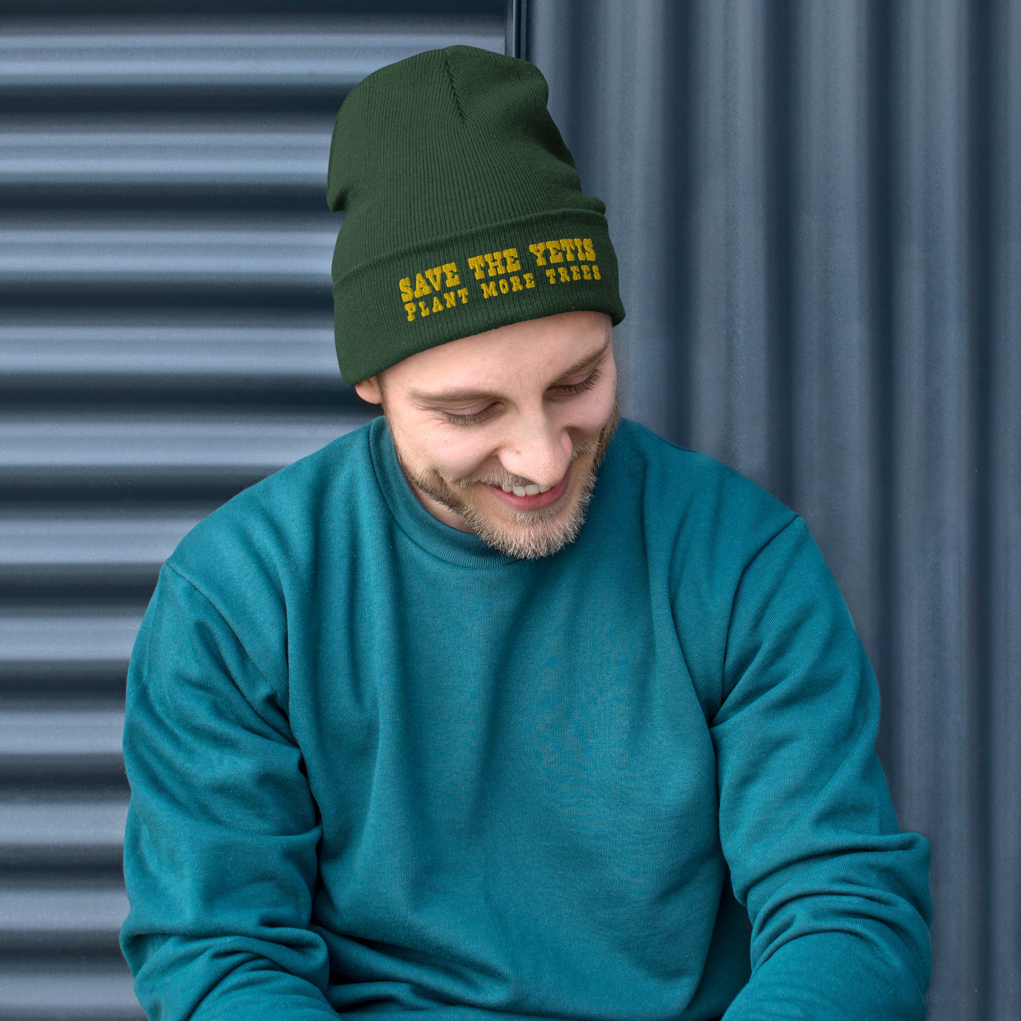 Ribbed beanie Save the Yetis, Plant more Trees Gold