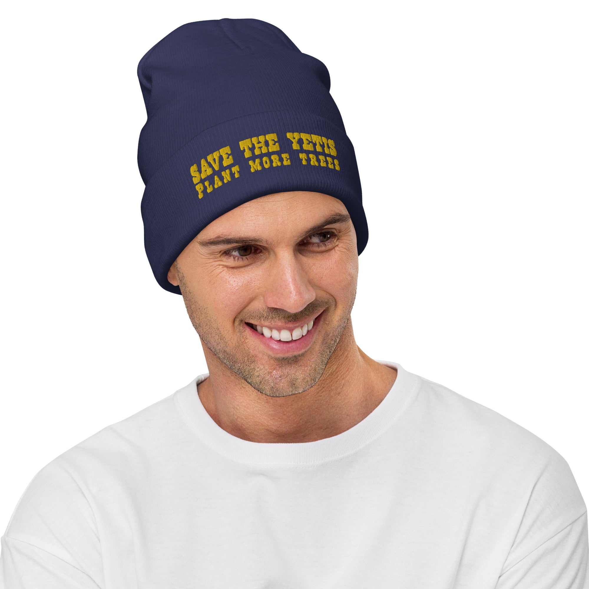 Ribbed beanie Save the Yetis, Plant more Trees Gold