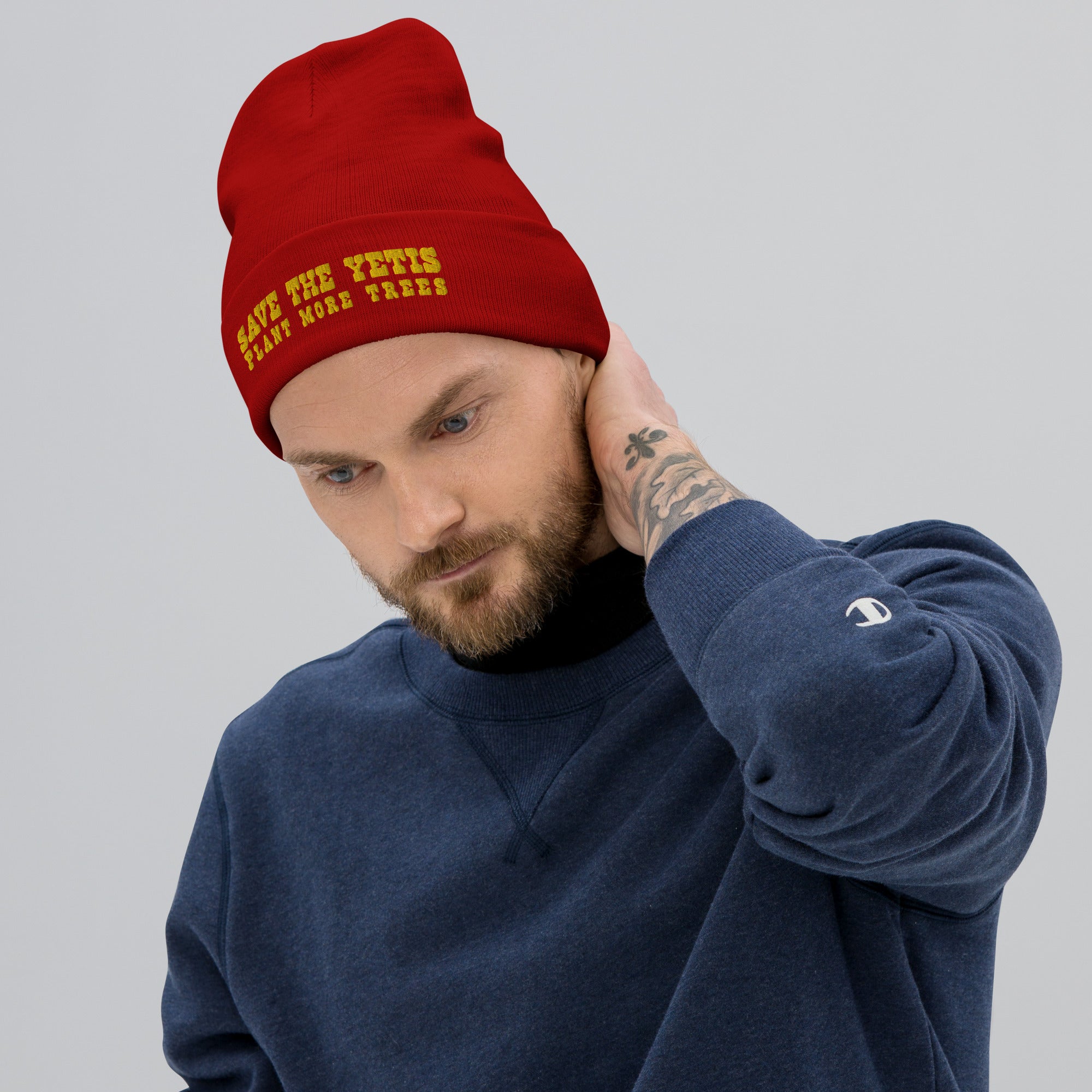 Ribbed beanie Save the Yetis, Plant more Trees Gold