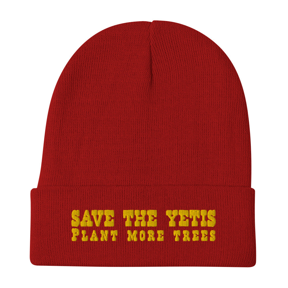 Bonnet en tricot côtelé Save the Yetis, Plant more Trees doré