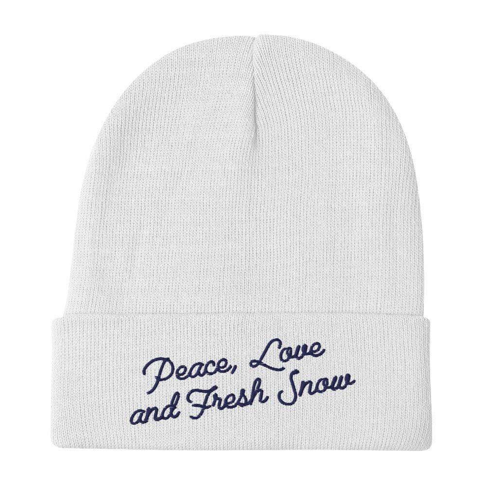 Bonnet en tricot côtelé Peace, Love and Fresh Snow bleu marine