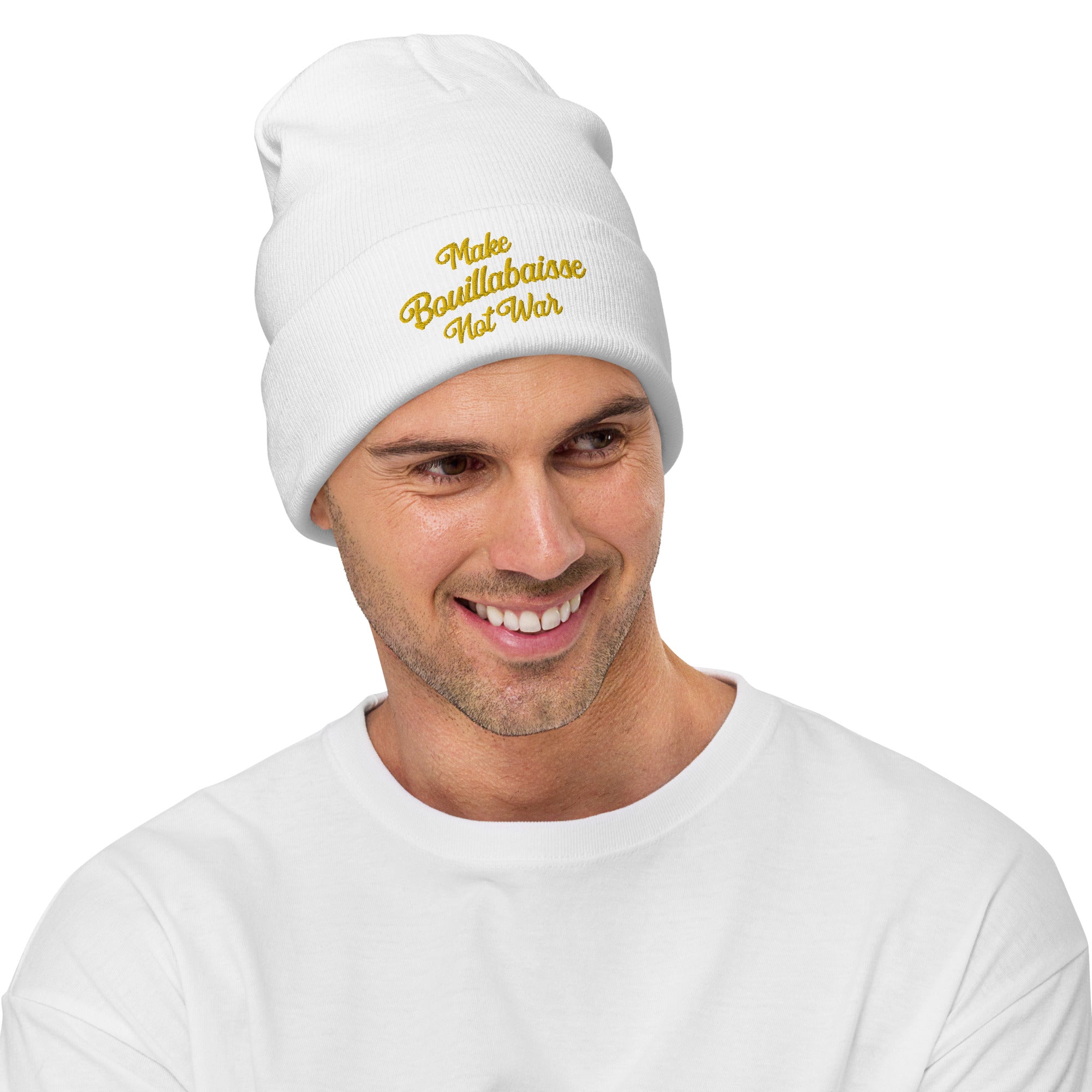 Ribbed beanie Make Bouillabaisse Not War gold