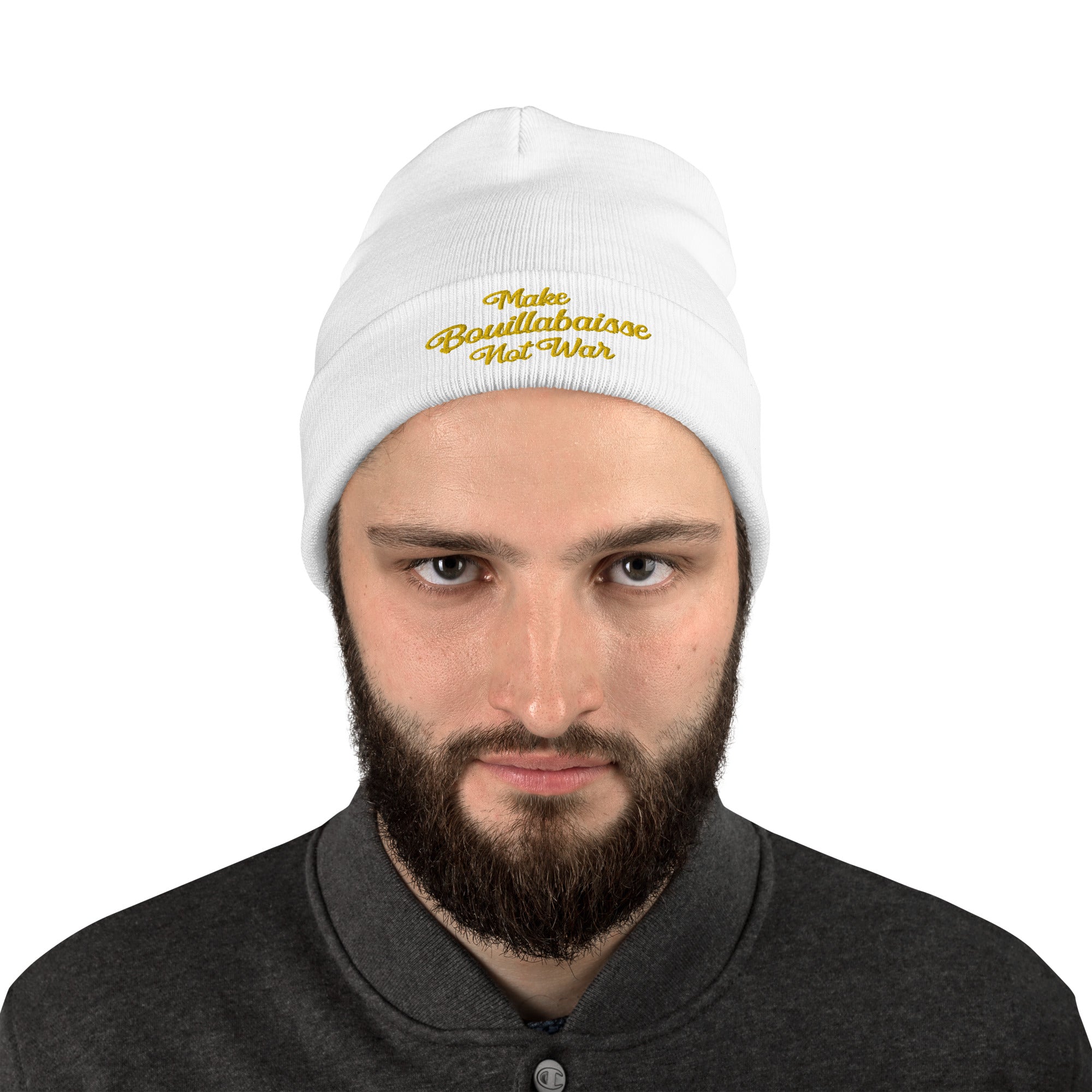 Ribbed beanie Make Bouillabaisse Not War gold