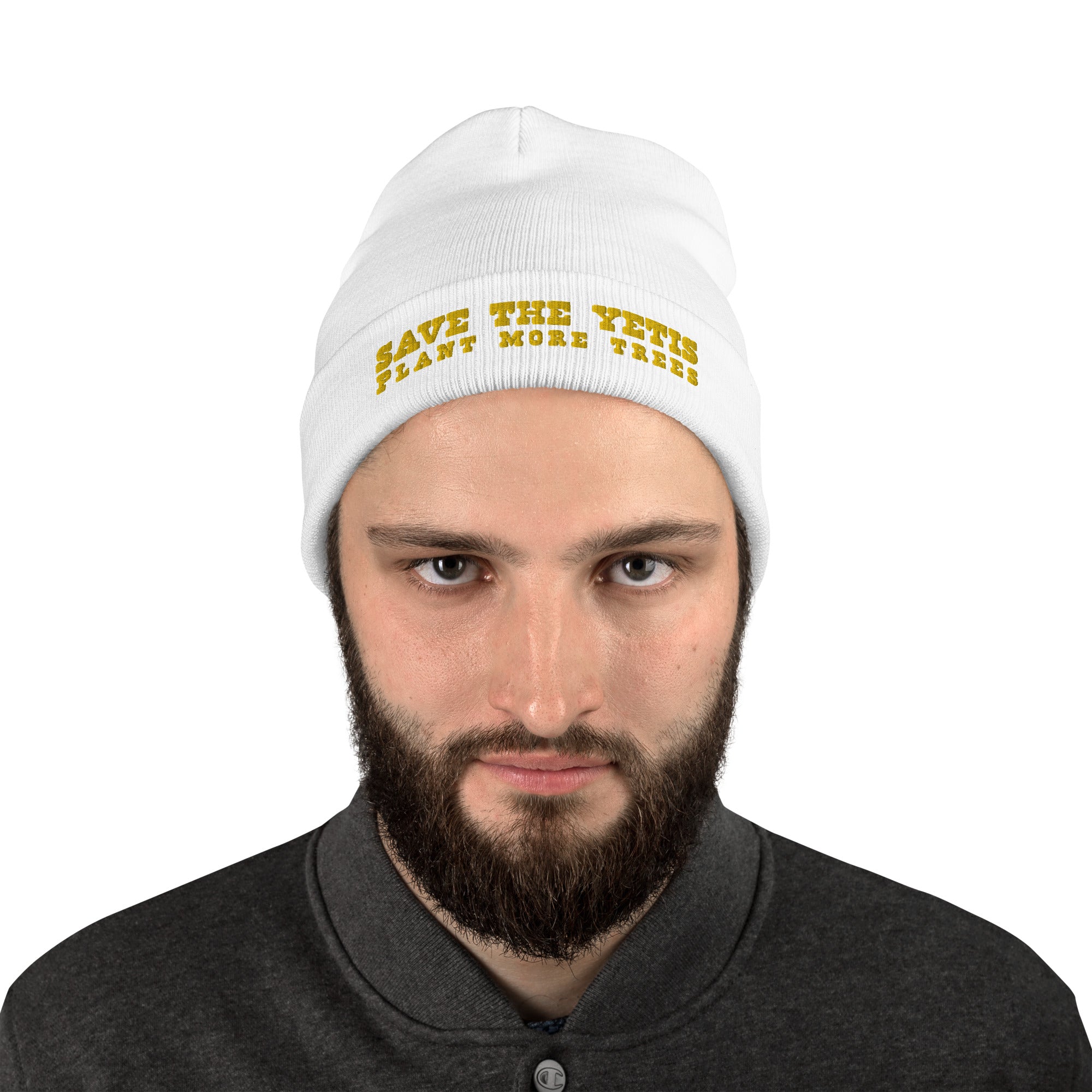 Ribbed beanie Save the Yetis, Plant more Trees Gold