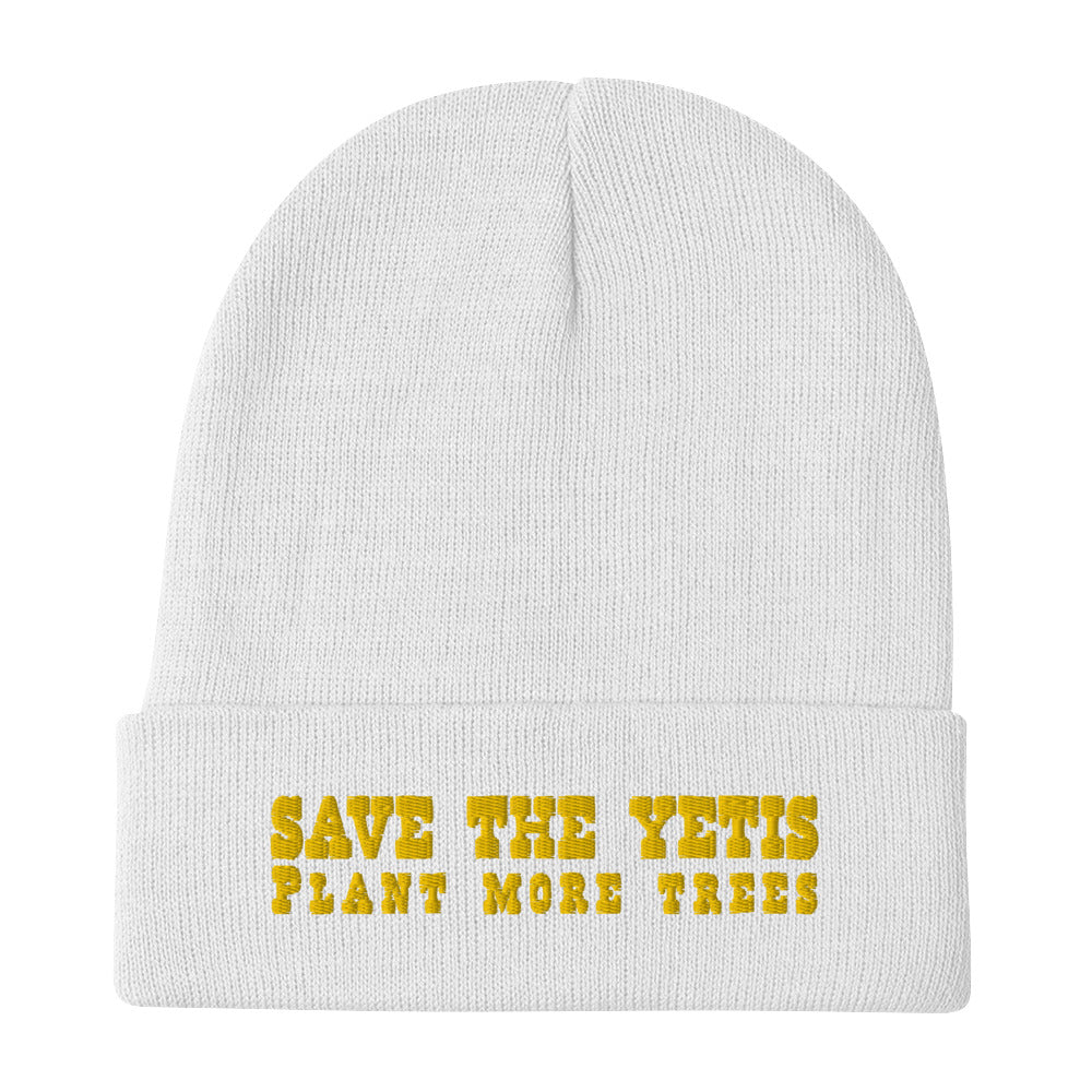 Bonnet en tricot côtelé Save the Yetis, Plant more Trees doré