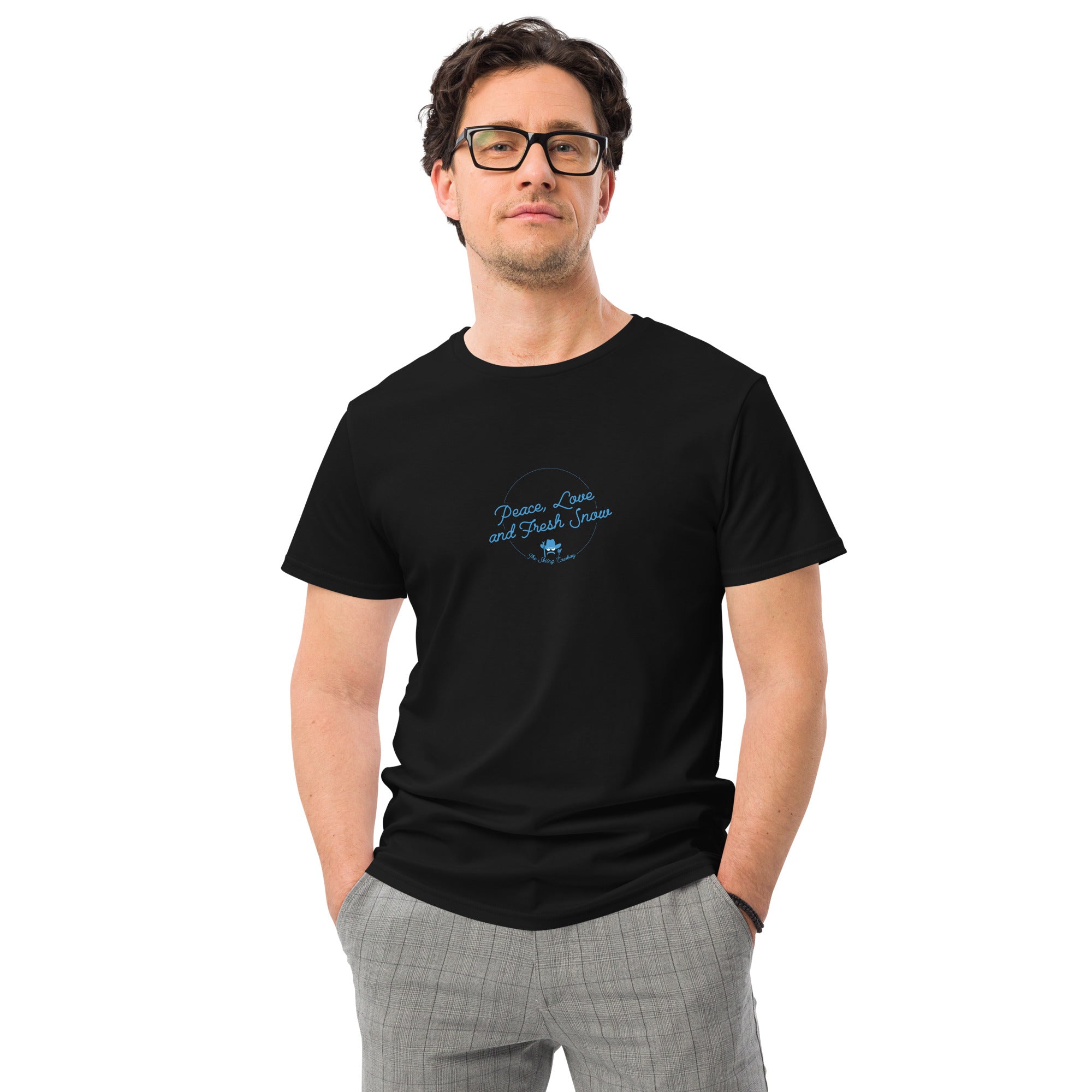 Men's premium cotton t-shirt Peace, Love and Fresh Snow - The Skiing Cowboy