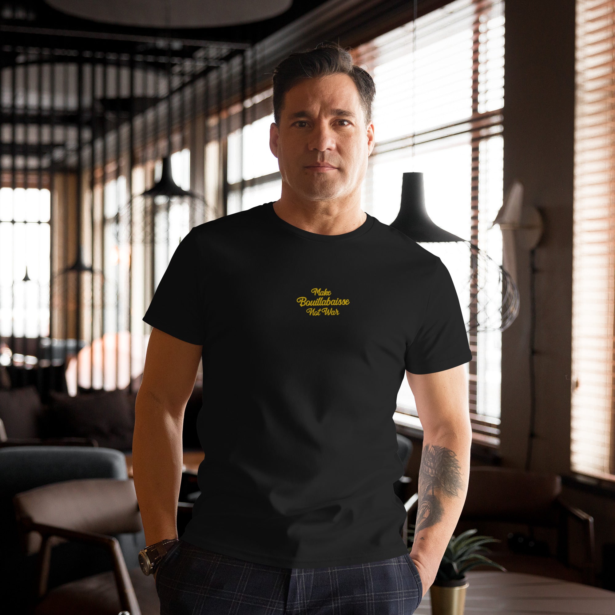 Men's premium cotton t-shirt "Make Bouillabaisse Not War" embroided