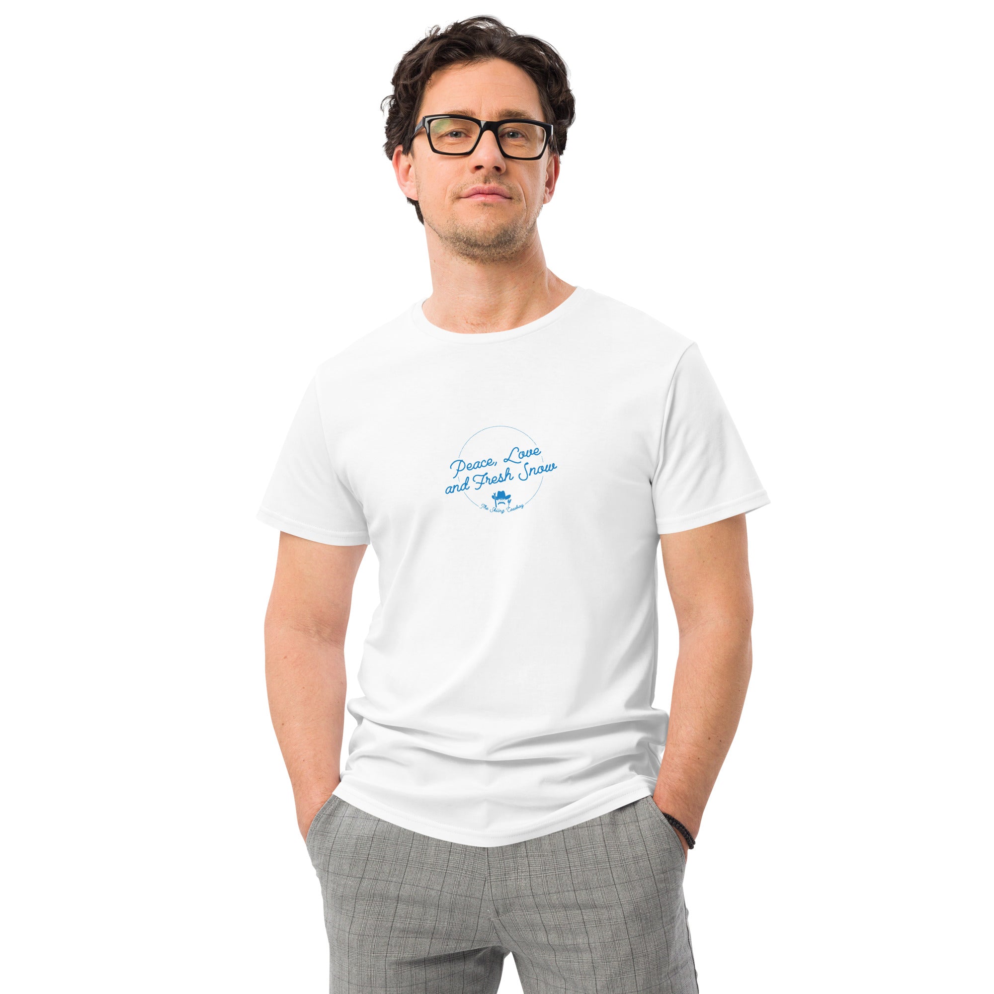 Men's premium cotton t-shirt Peace, Love and Fresh Snow - The Skiing Cowboy