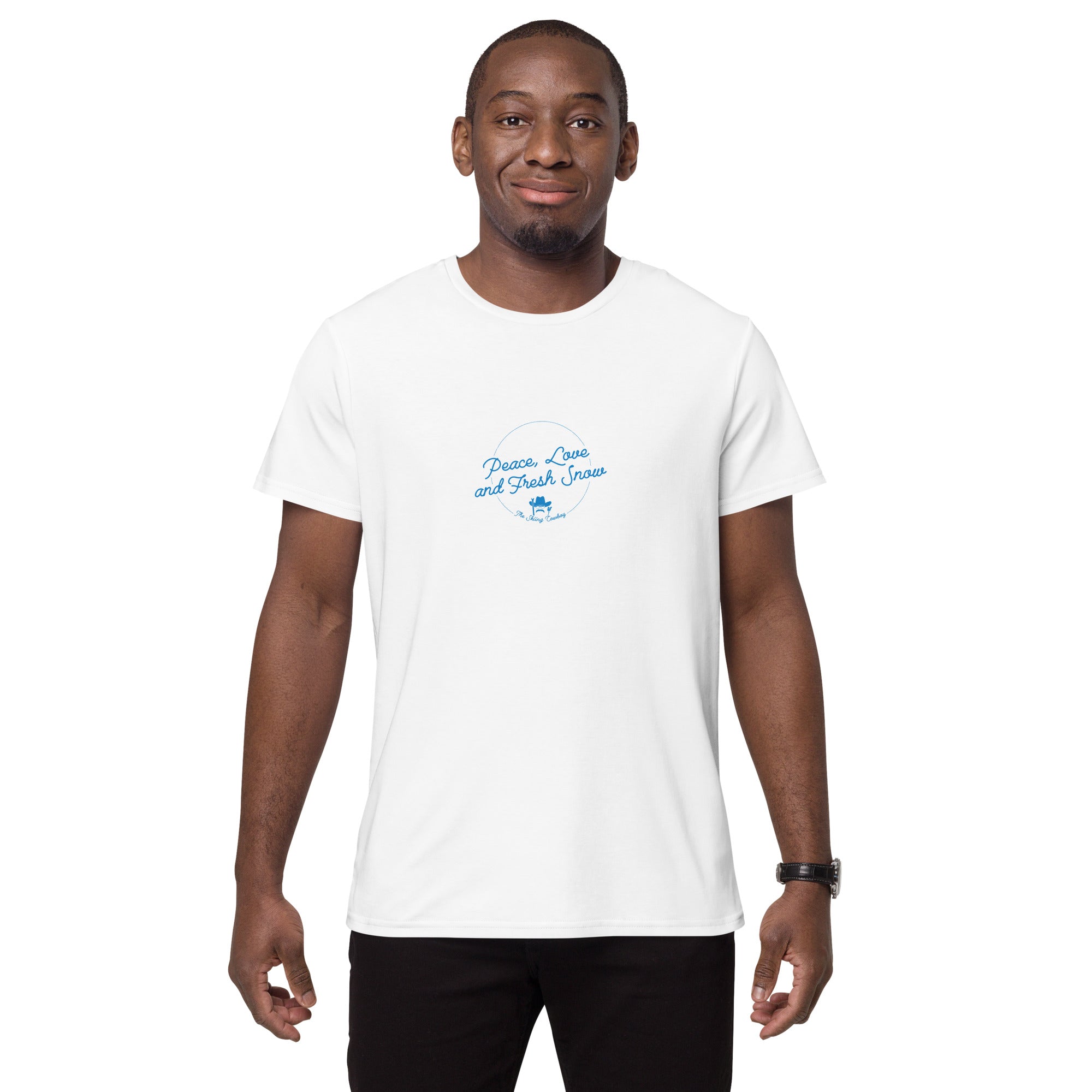 Men's premium cotton t-shirt Peace, Love and Fresh Snow - The Skiing Cowboy