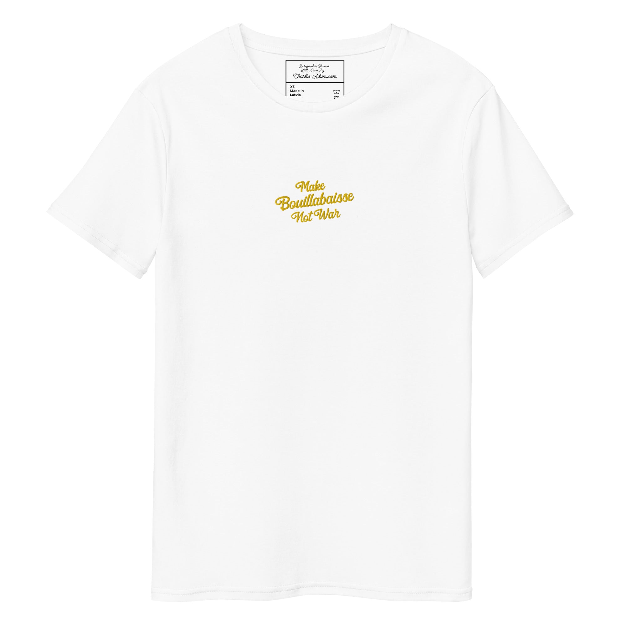 Men's premium cotton t-shirt "Make Bouillabaisse Not War" embroided