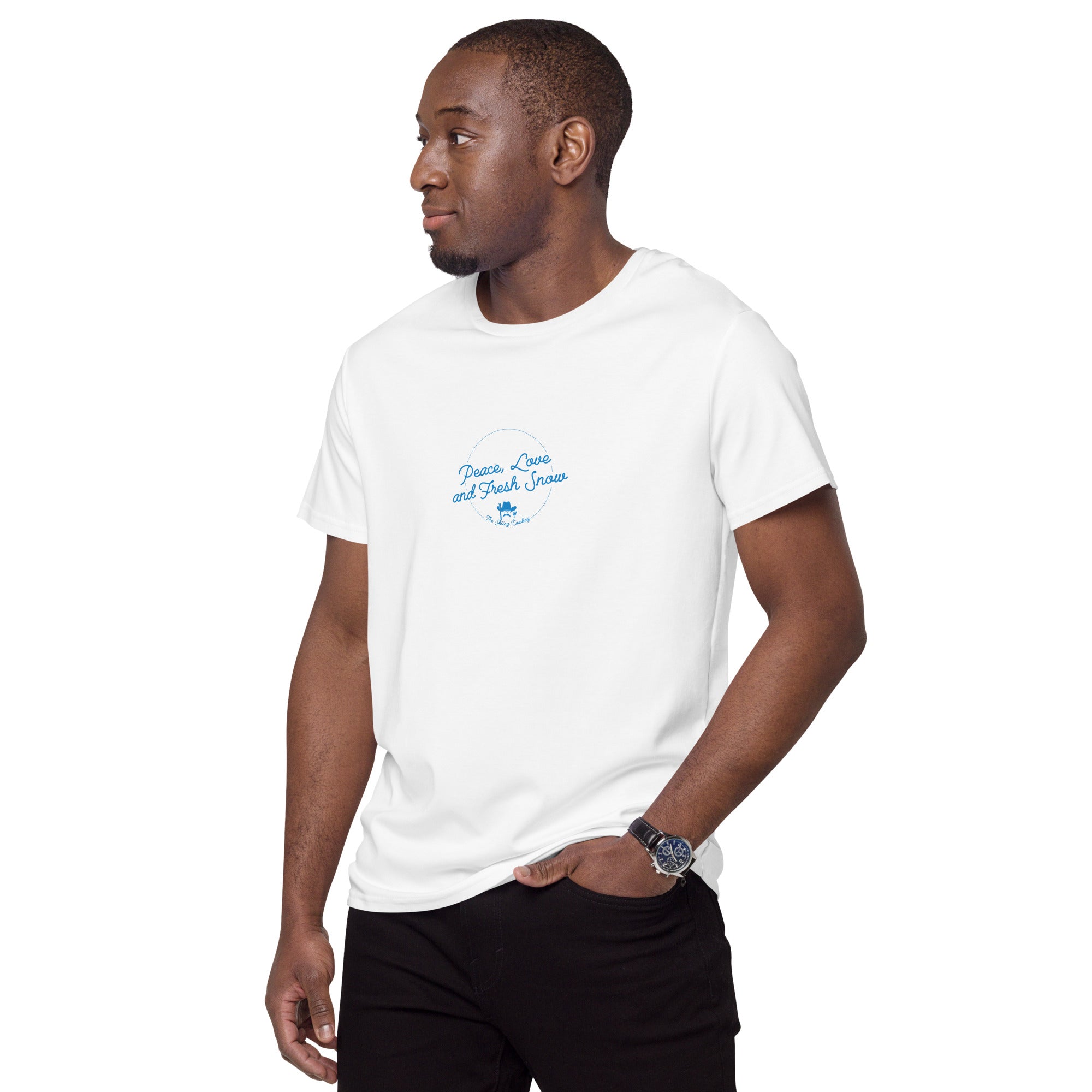 Men's premium cotton t-shirt Peace, Love and Fresh Snow - The Skiing Cowboy