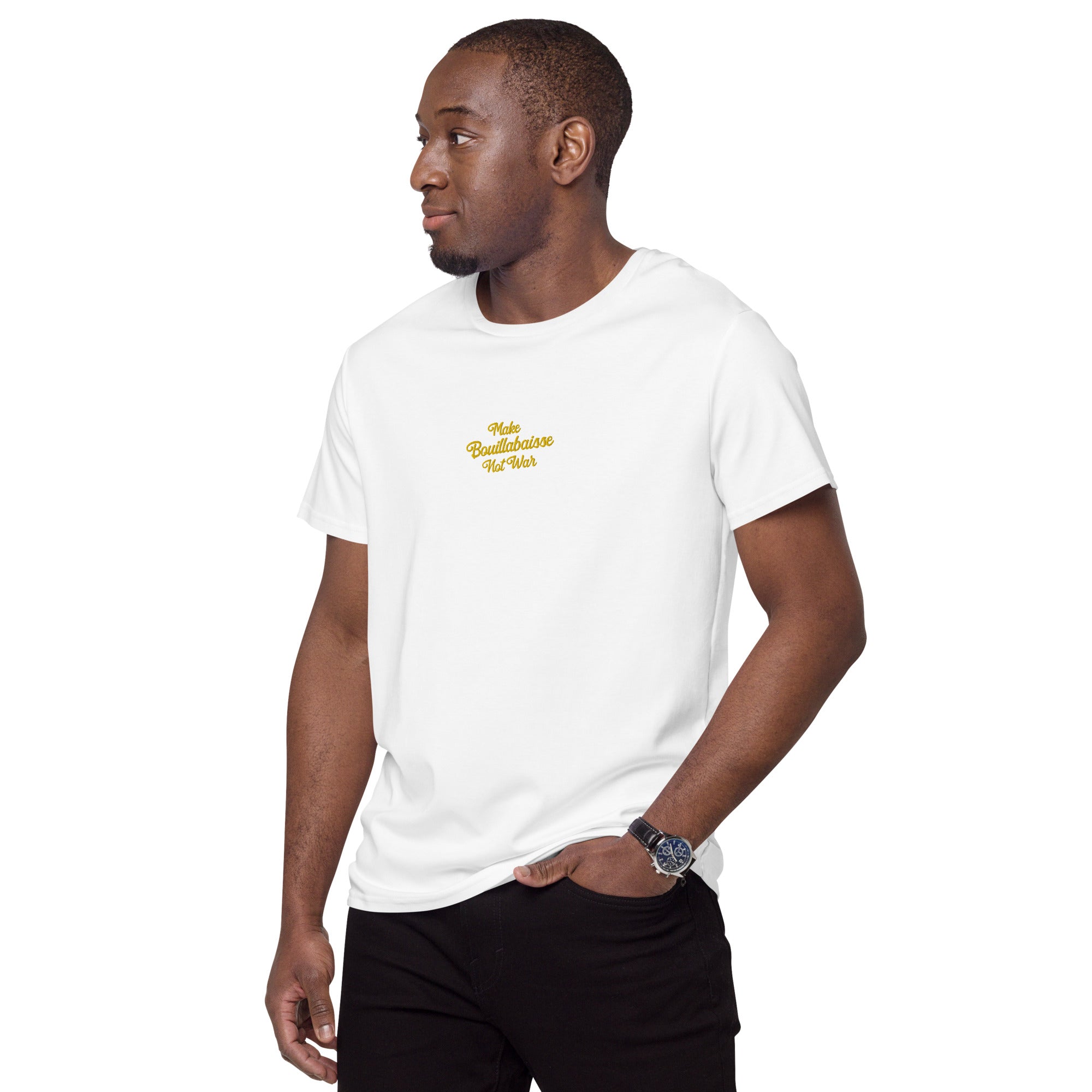 Men's premium cotton t-shirt "Make Bouillabaisse Not War" embroided