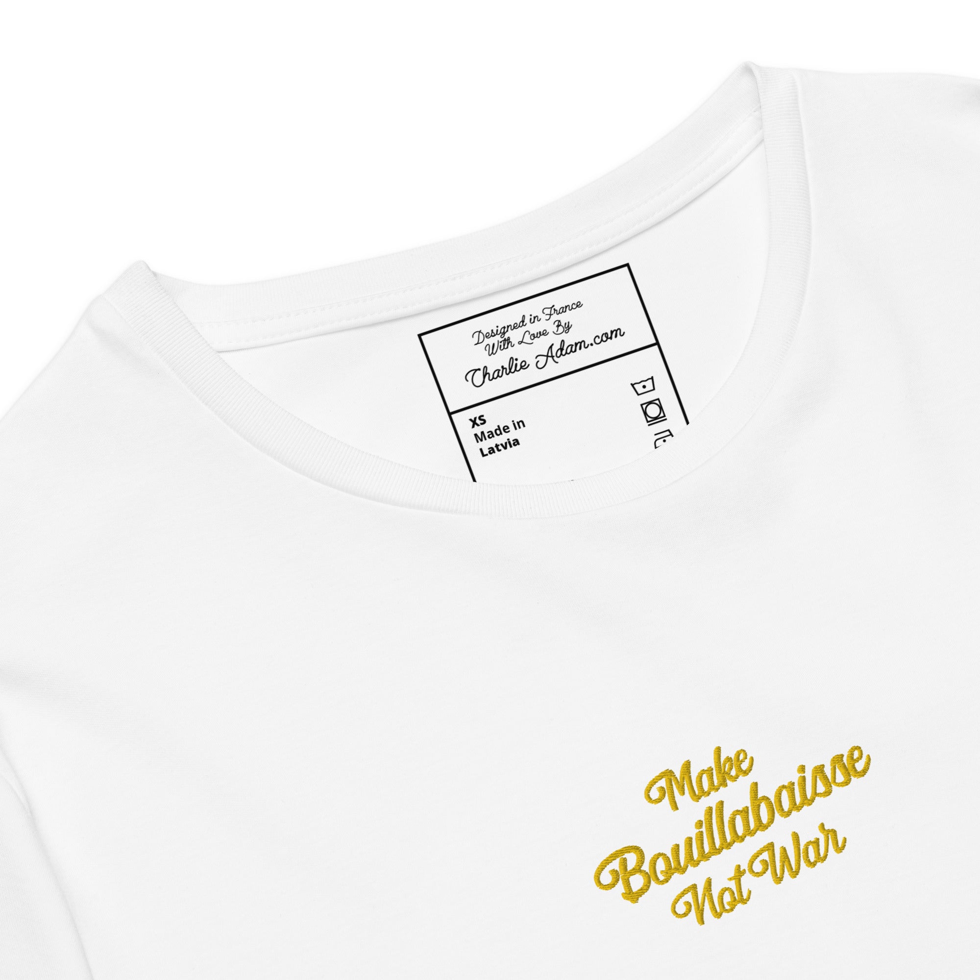 Men's premium cotton t-shirt "Make Bouillabaisse Not War" embroided