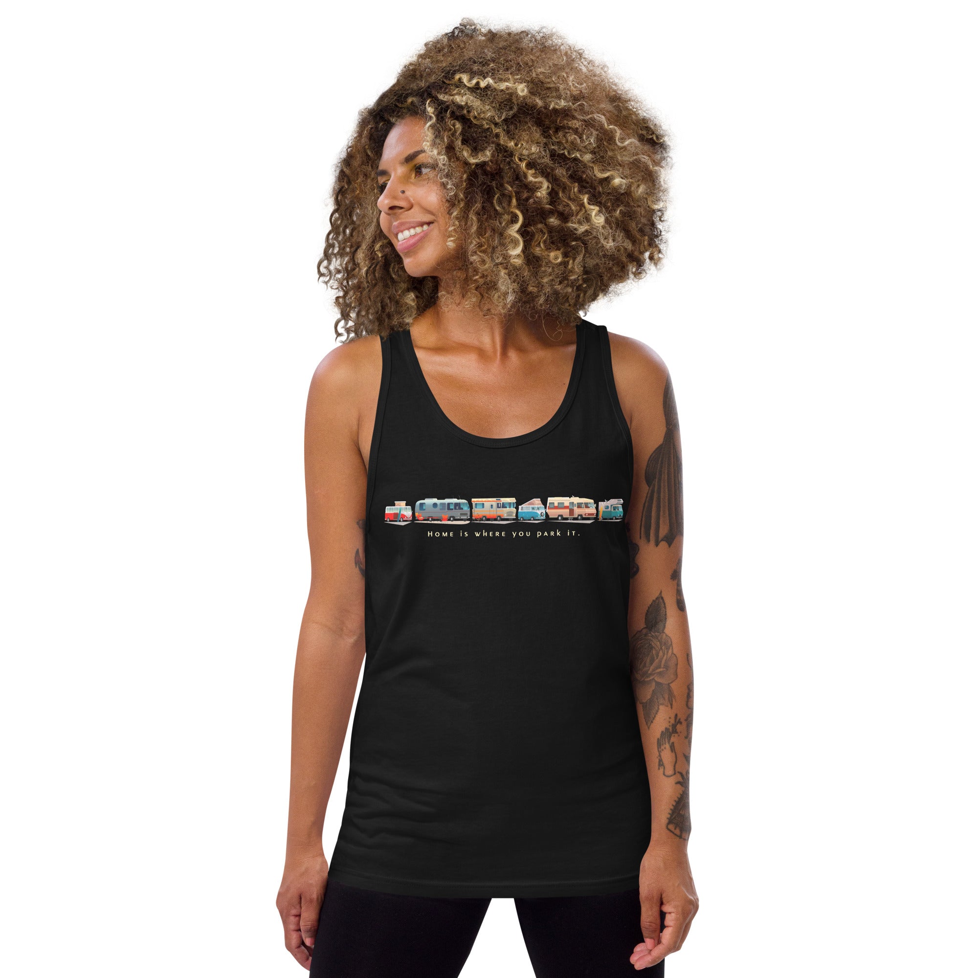 Unisex Tank Top Vintage Campers: Home is where you park it light text