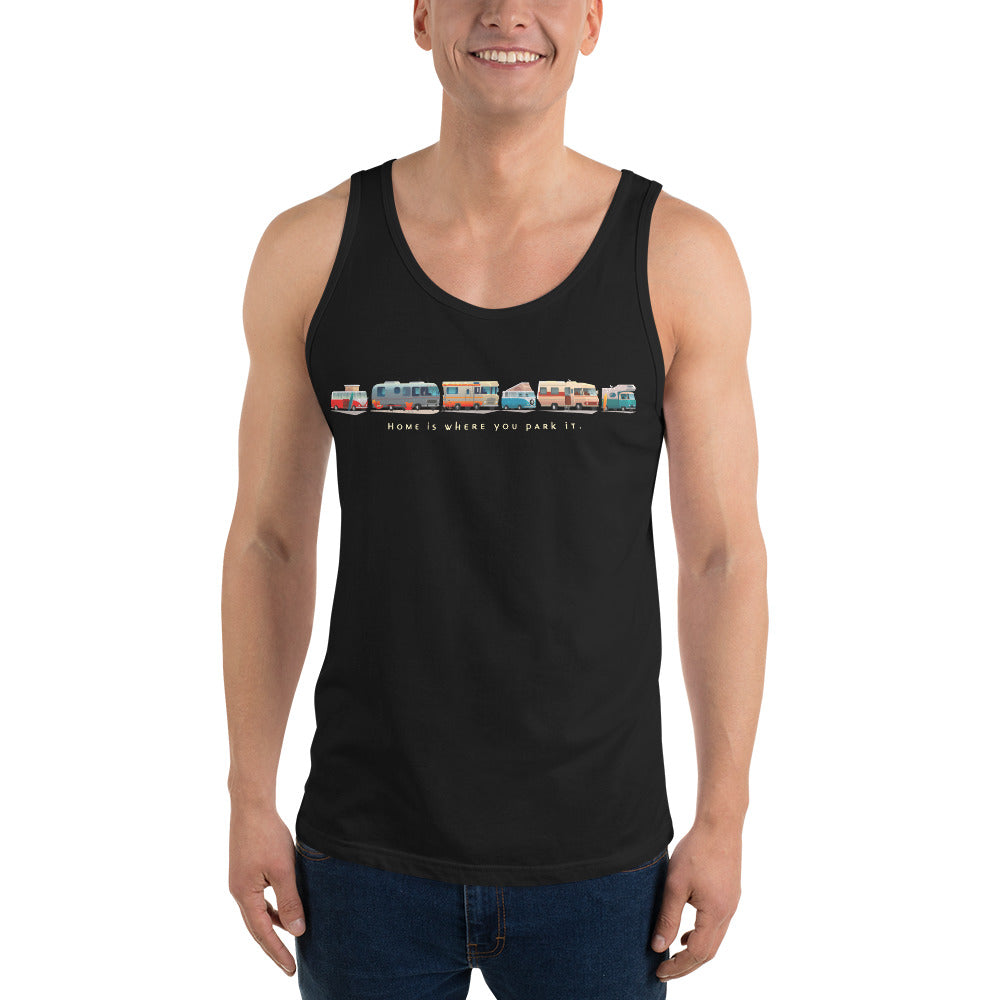 Unisex Tank Top Vintage Campers: Home is where you park it light text