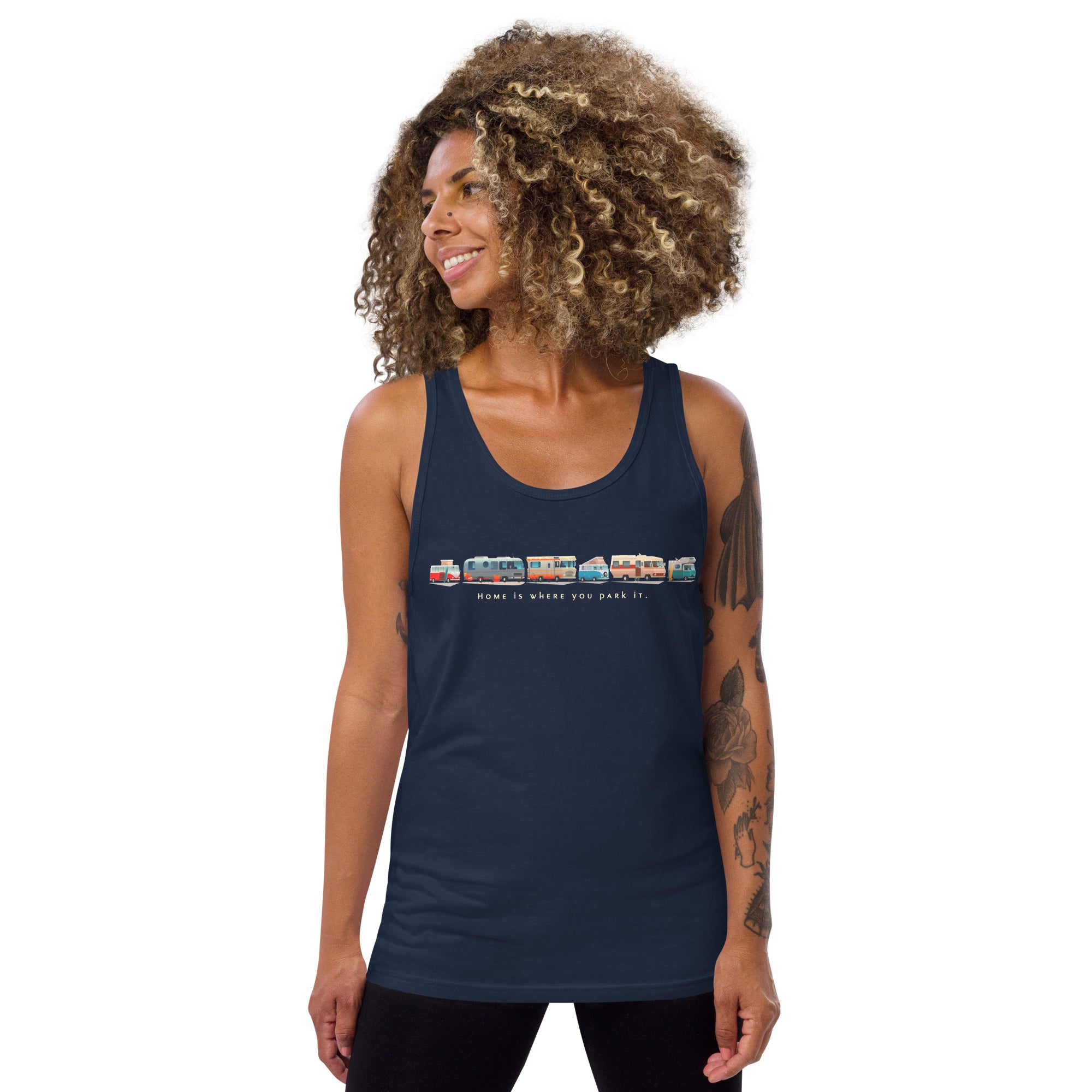 Unisex Tank Top Vintage Campers: Home is where you park it light text