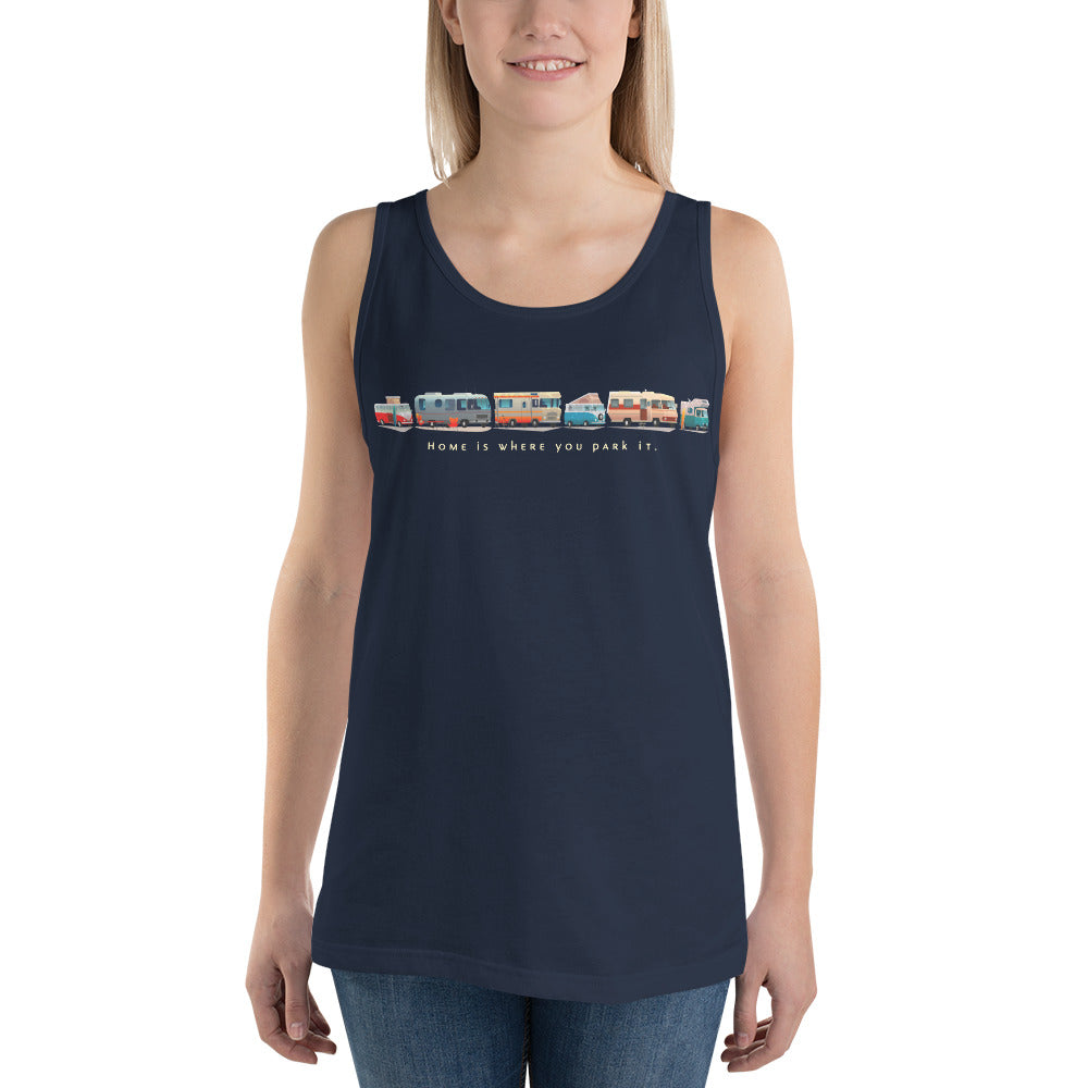 Unisex Tank Top Vintage Campers: Home is where you park it light text