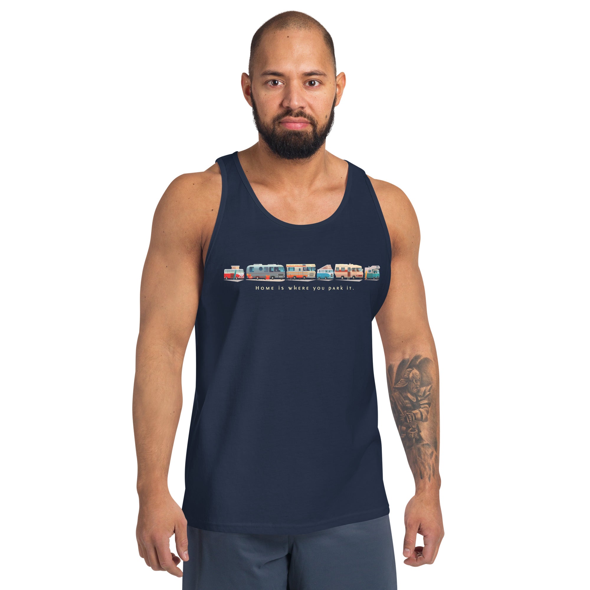 Unisex Tank Top Vintage Campers: Home is where you park it light text