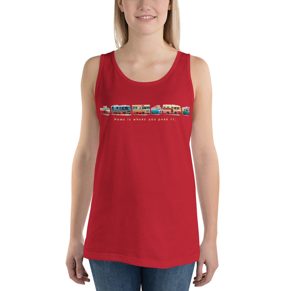 Unisex Tank Top Vintage Campers: Home is where you park it light text