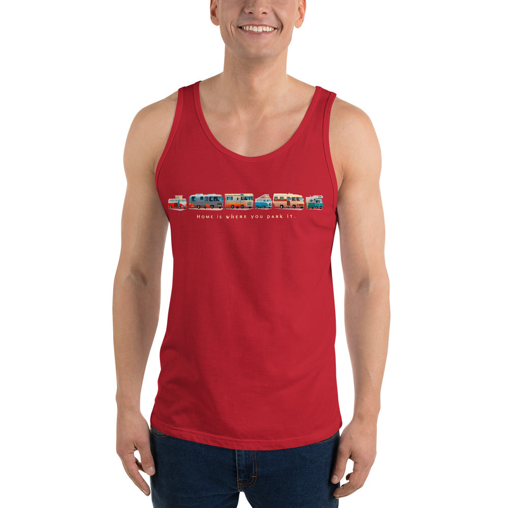 Unisex Tank Top Vintage Campers: Home is where you park it light text