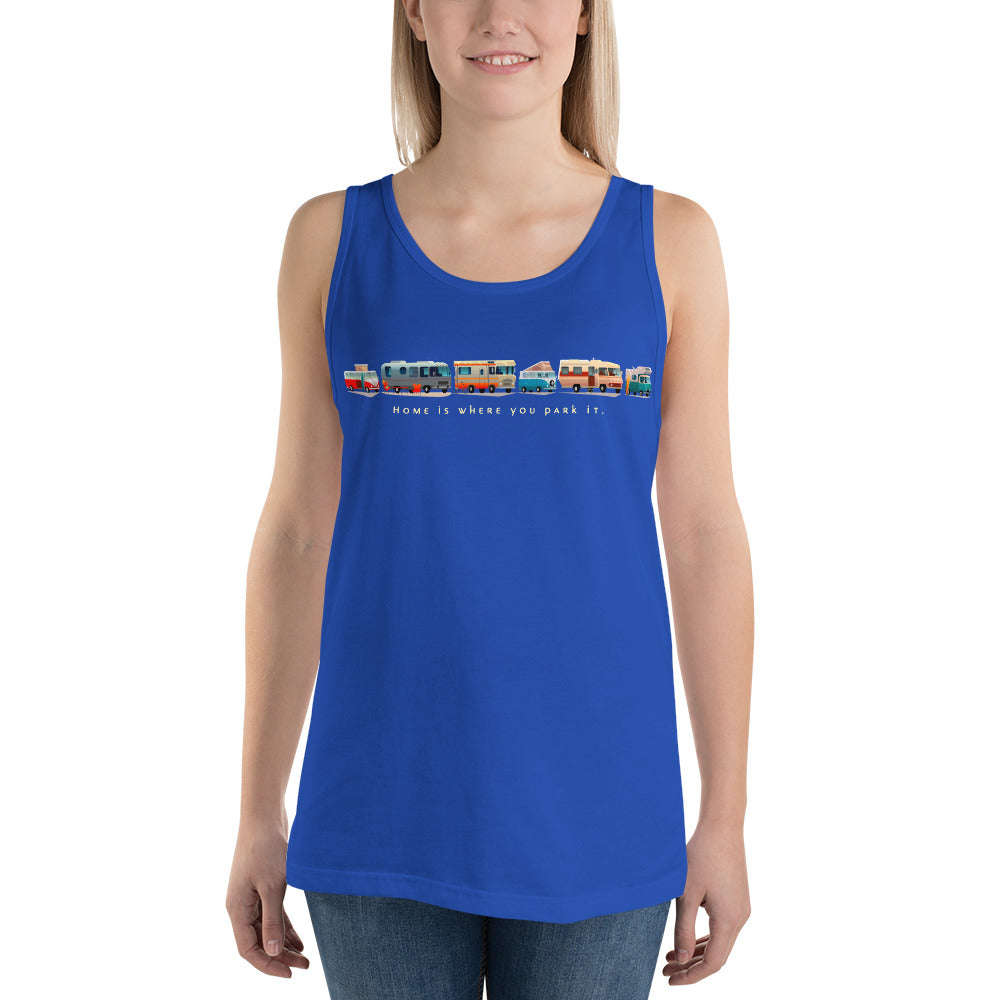 Unisex Tank Top Vintage Campers: Home is where you park it light text