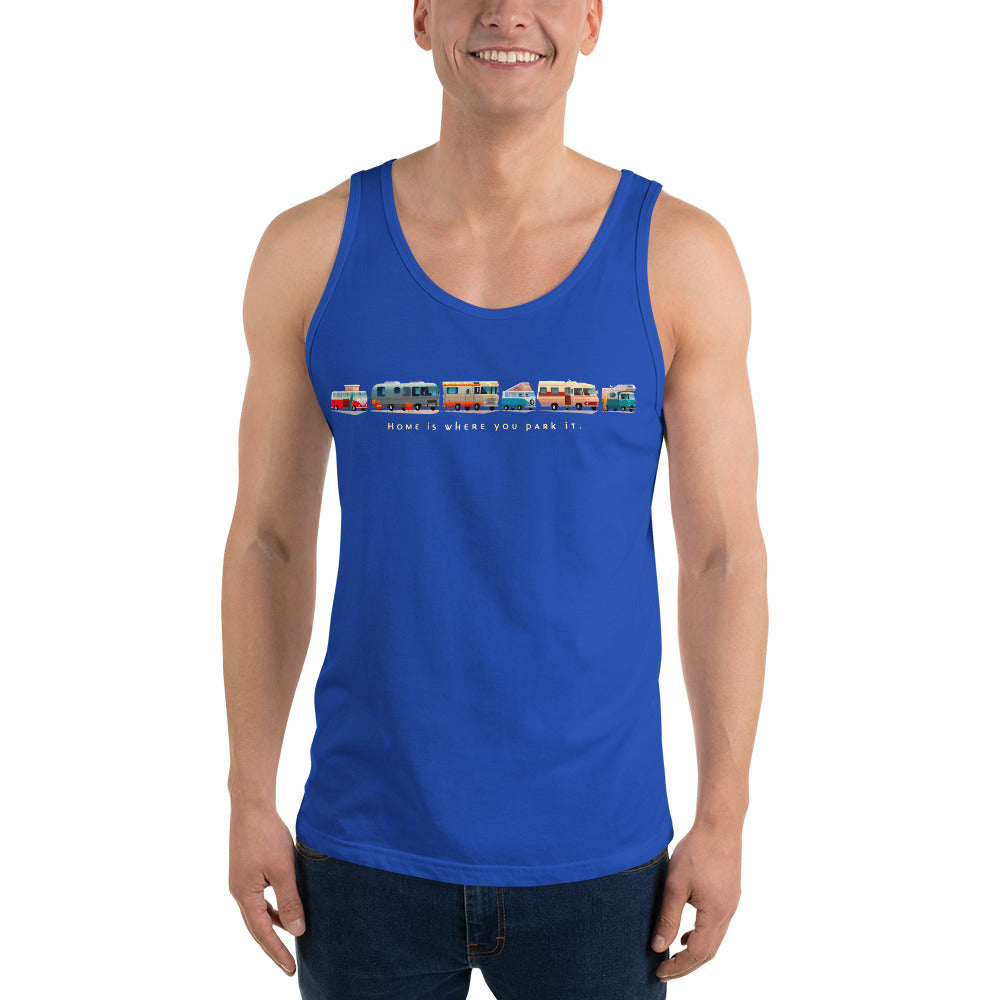 Unisex Tank Top Vintage Campers: Home is where you park it light text