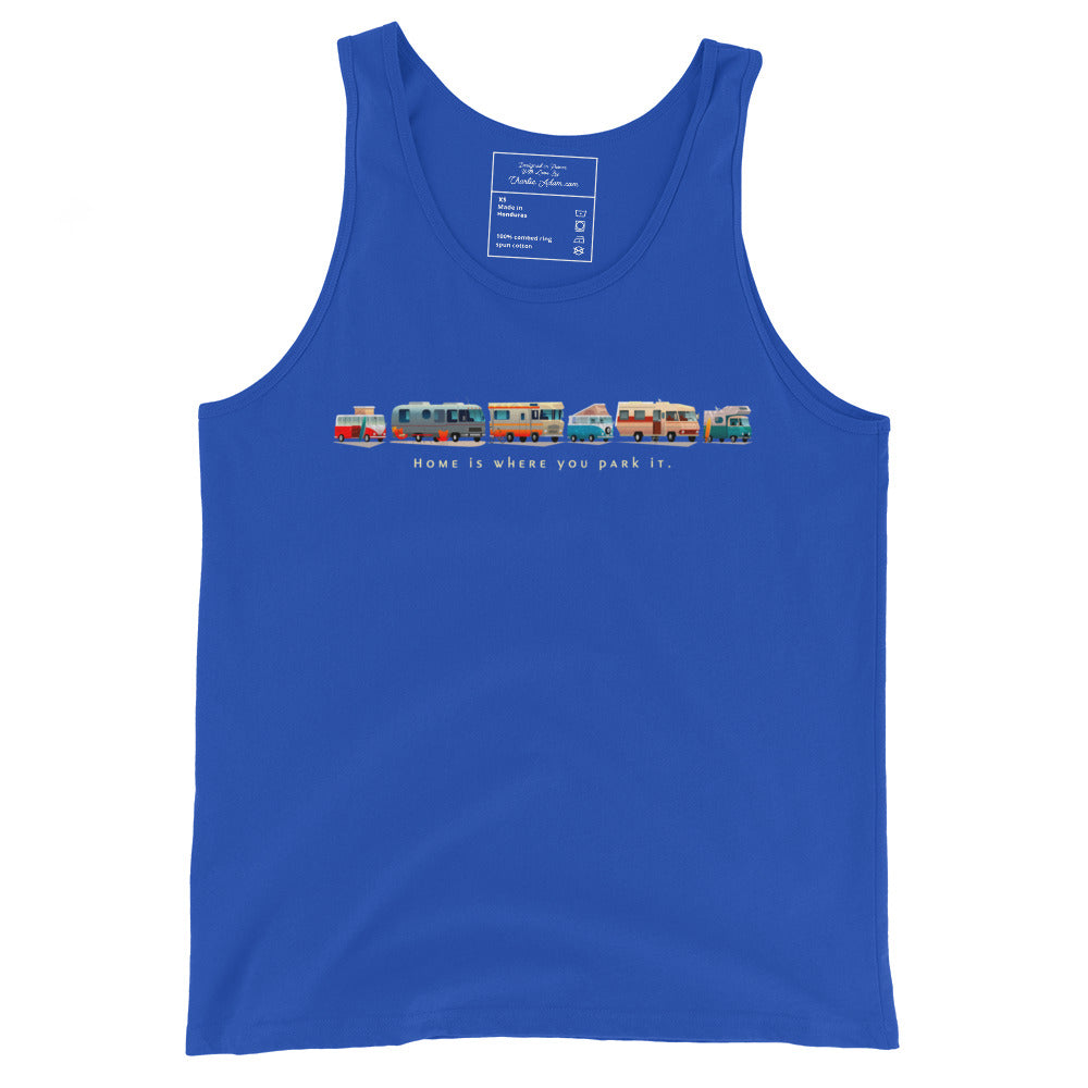 Unisex Tank Top Vintage Campers: Home is where you park it light text