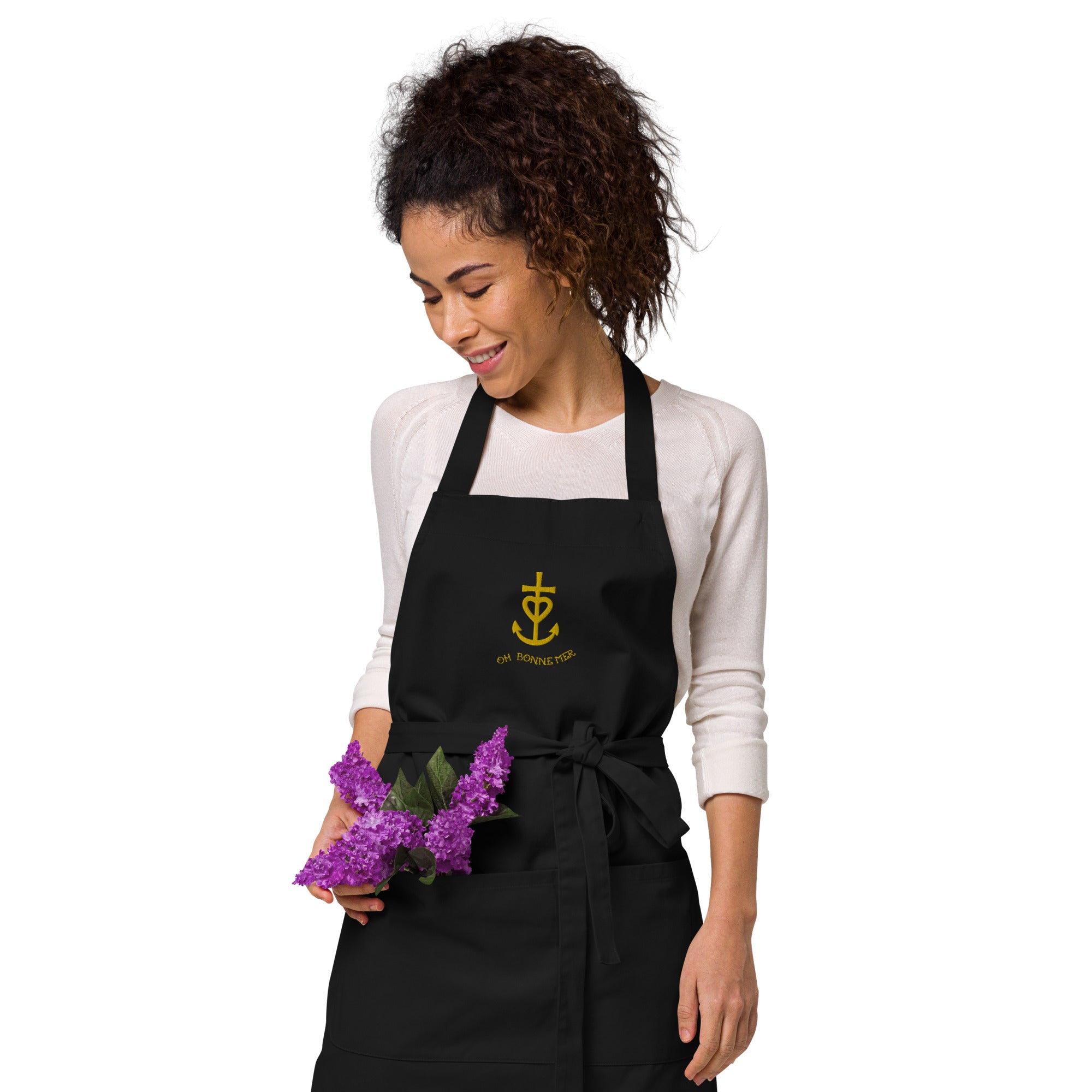 Organic cotton apron Camargue Cross gold embroidered pattern