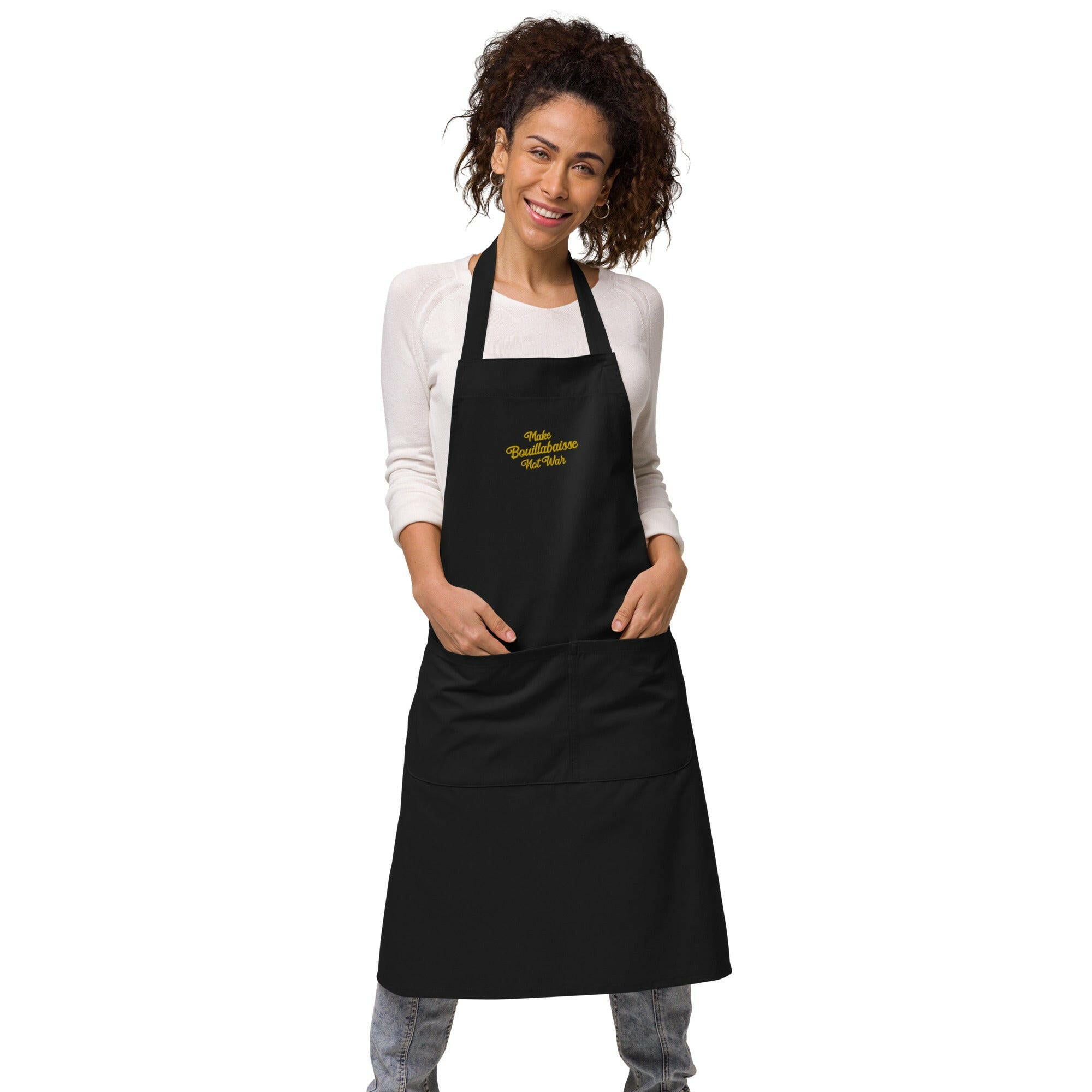 Organic cotton apron Make Bouillabaisse Not War Embroidered pattern