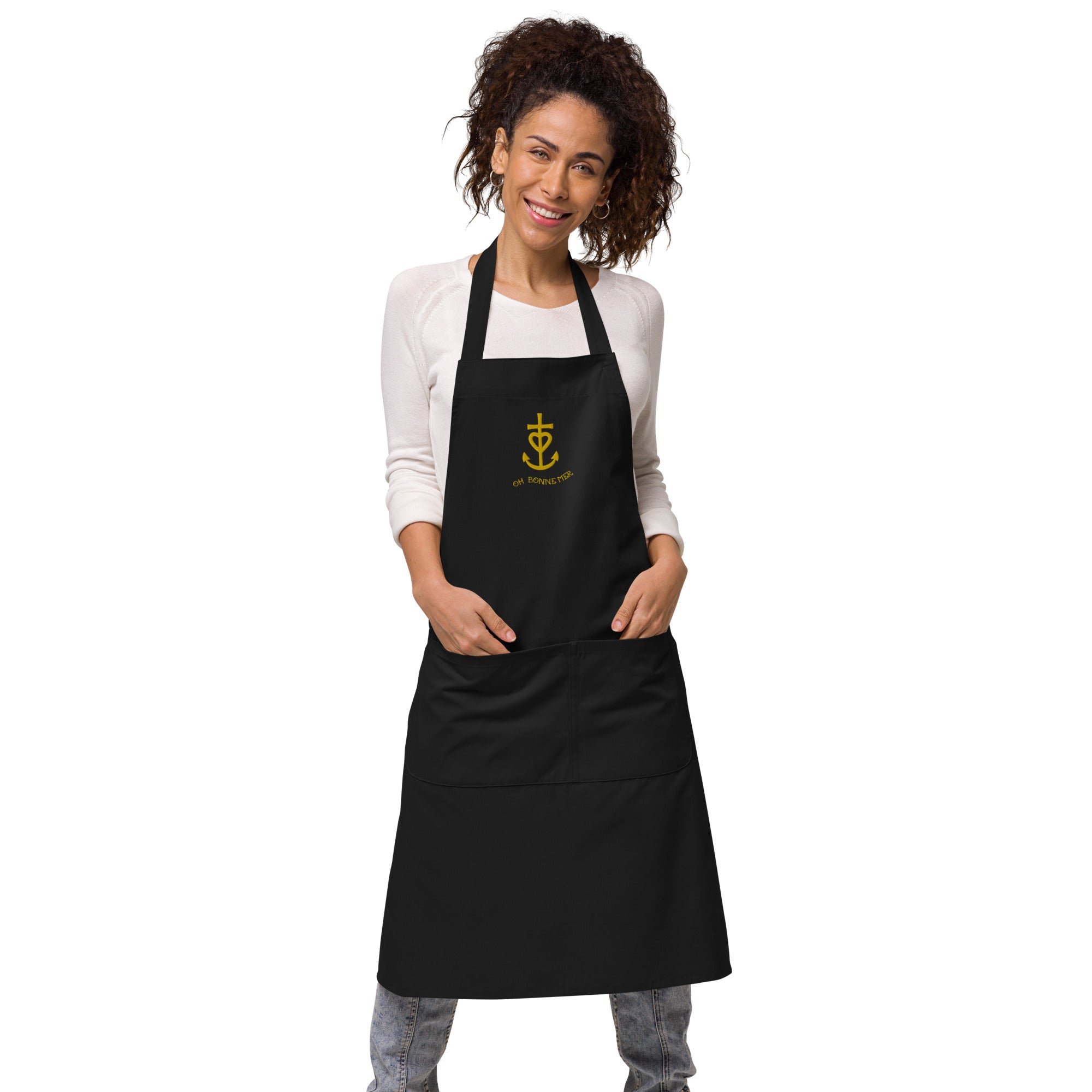 Organic cotton apron Camargue Cross gold embroidered pattern