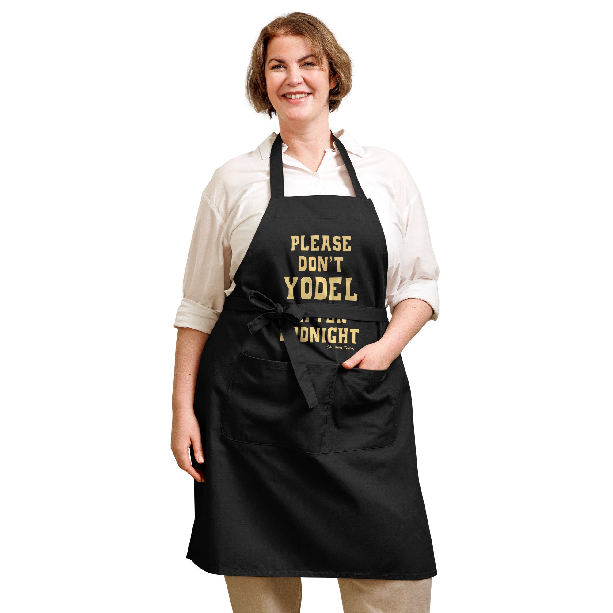 Organic cotton apron Don't Yodel After Midnight light text